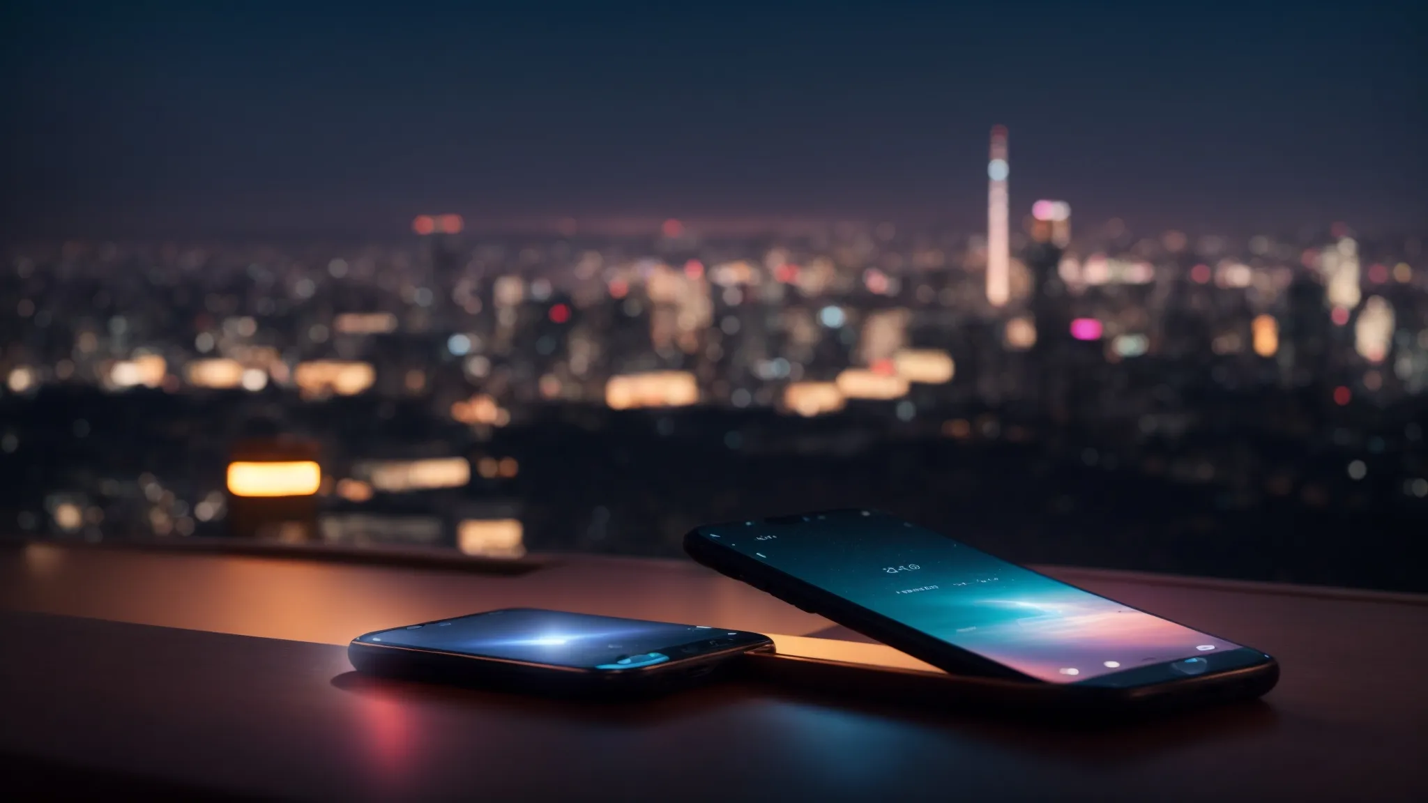 a futuristic smartphone emitting a soft glow, placed on a table against a backdrop of a glowing city skyline at dusk, symbolizing the dawn of new technologies in mobile communication.