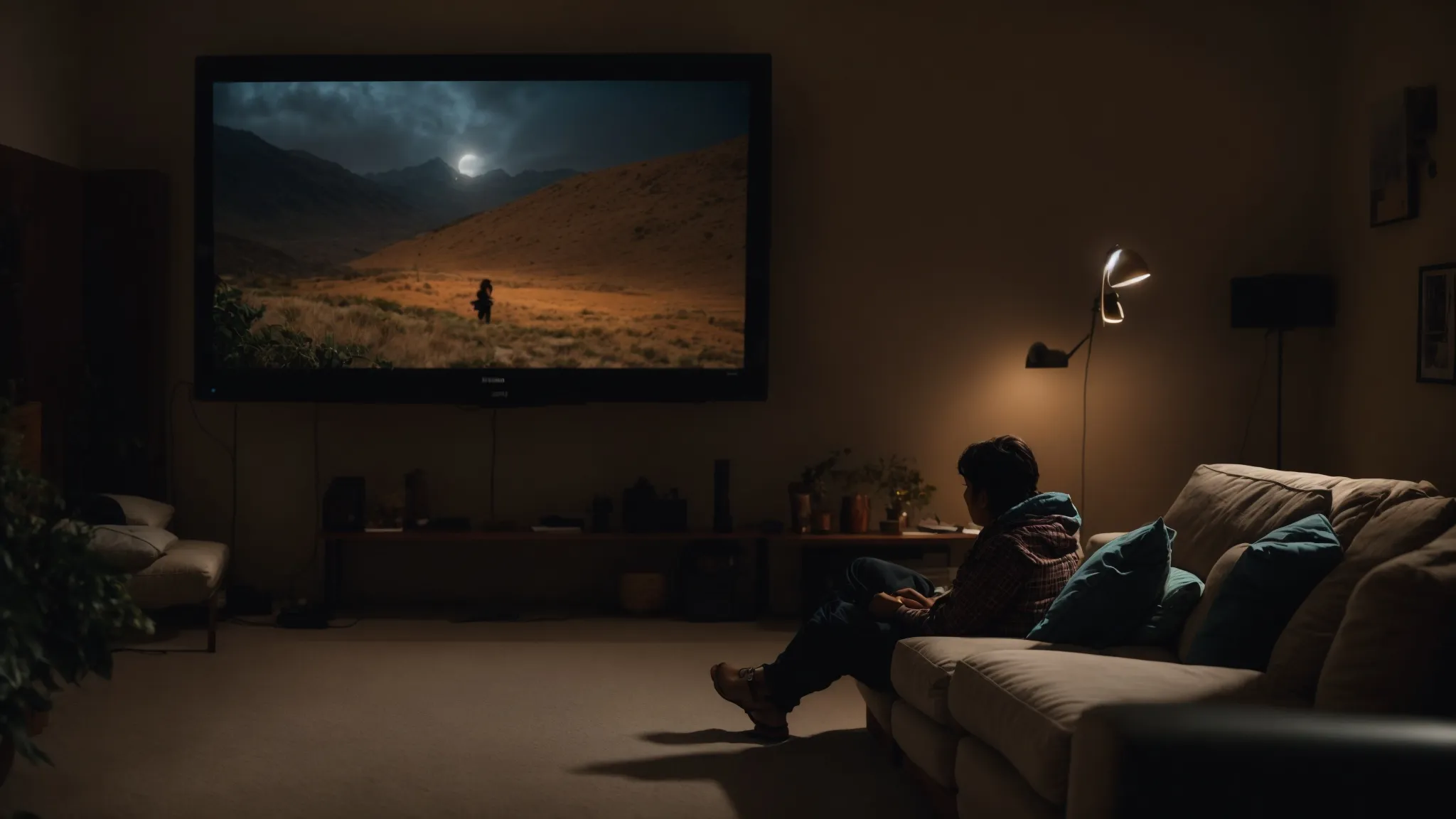 a person sitting comfortably on a couch, gazing at an adventure movie playing on a large screen in a dimly lit room.