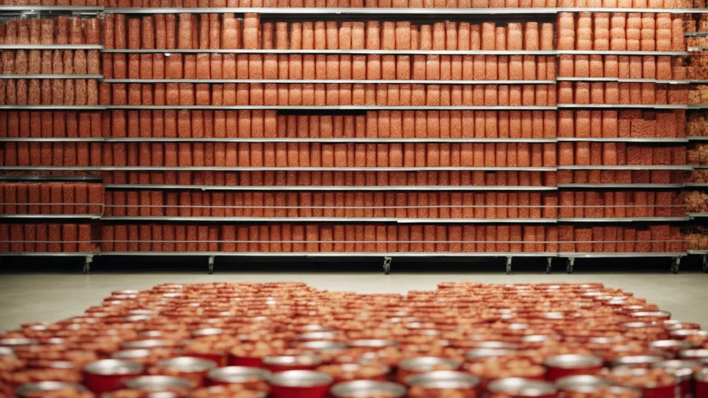 a towering mountain of canned meat casts a long shadow over a deserted supermarket aisle.