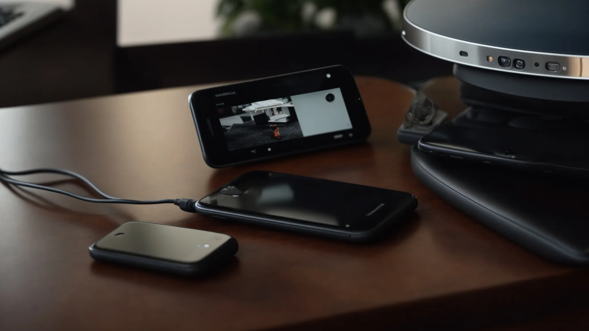 a smartphone placed on a table with a streaming service on the screen, beside a television remote and an hdmi adapter.