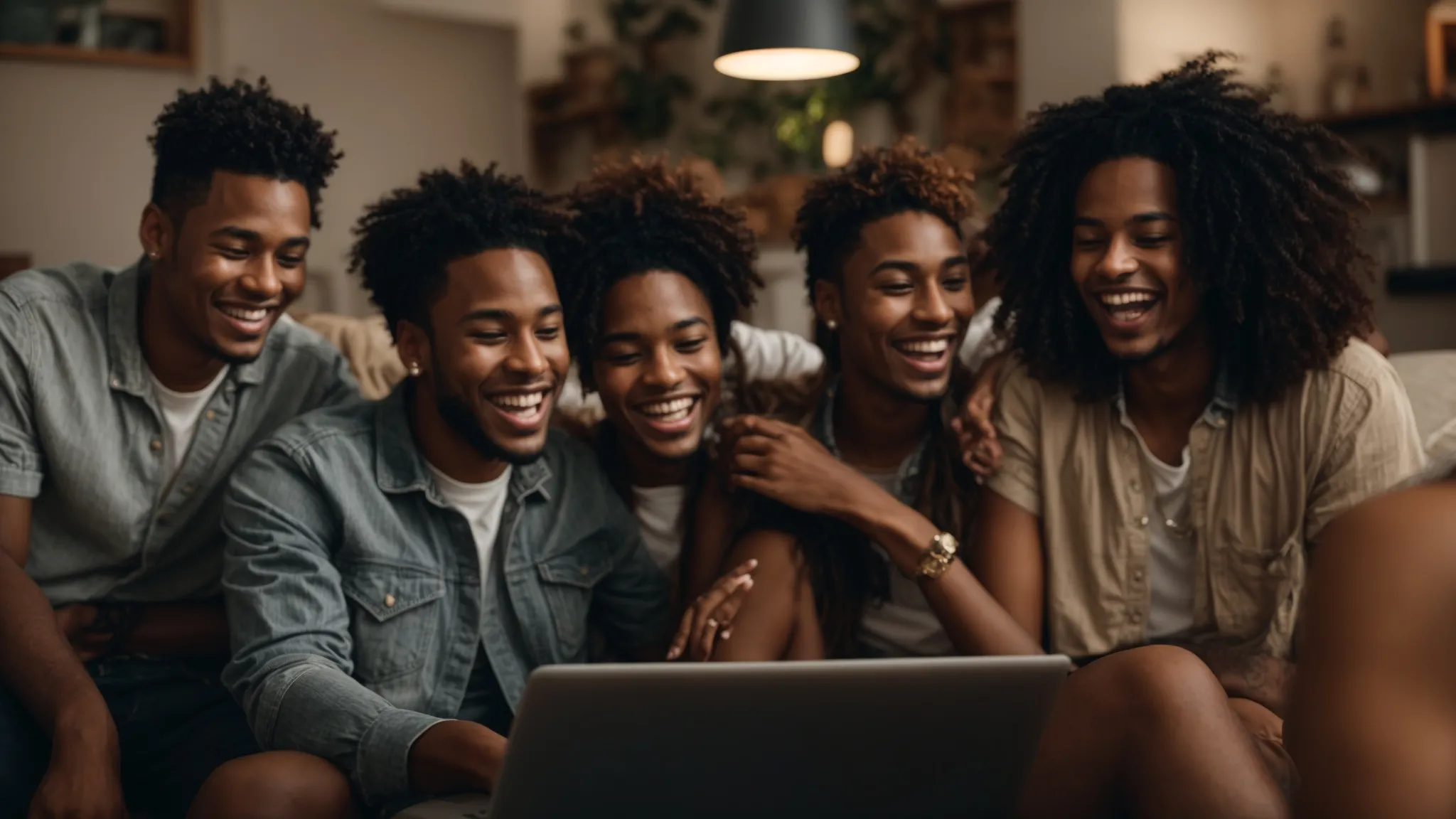 a group of friends laughing together in a living room, enjoying a show on a laptop.