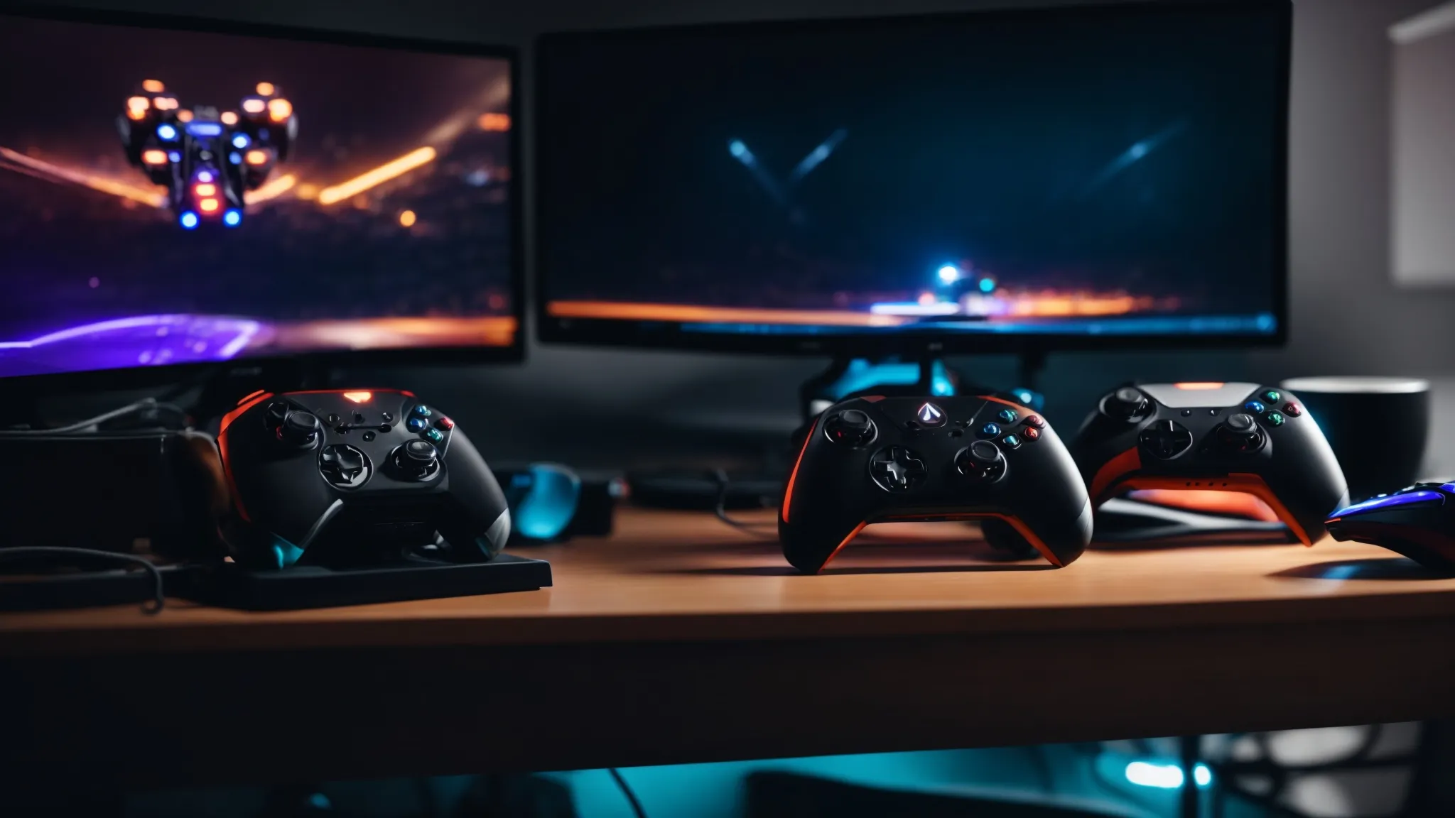 four different gaming controllers rest atop a sleek, modern desk, each bathed in the soft glow of a computer screen displaying an intense match of rocket league.
