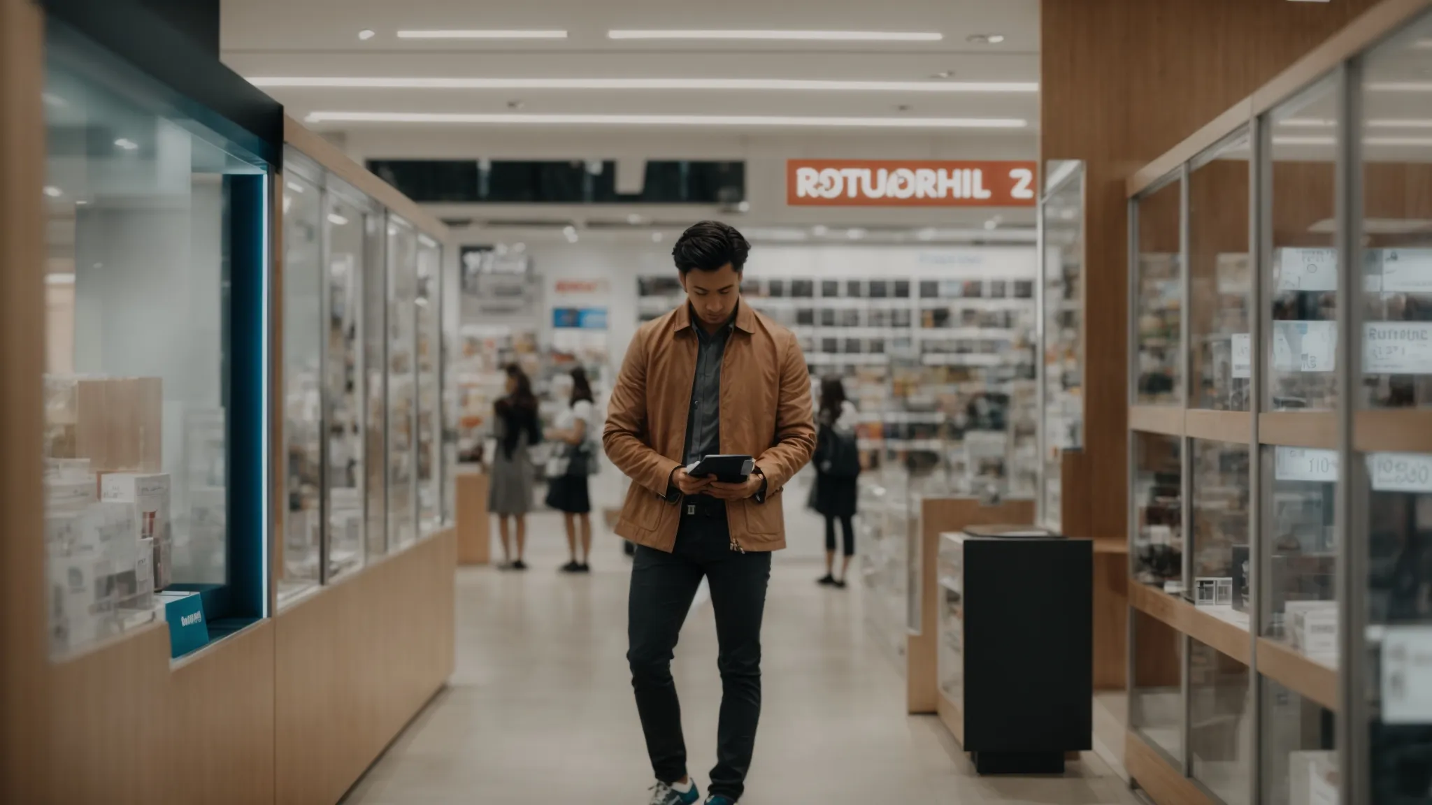 a customer stands at a distance, thoughtfully reading a return policy poster in a phone store.