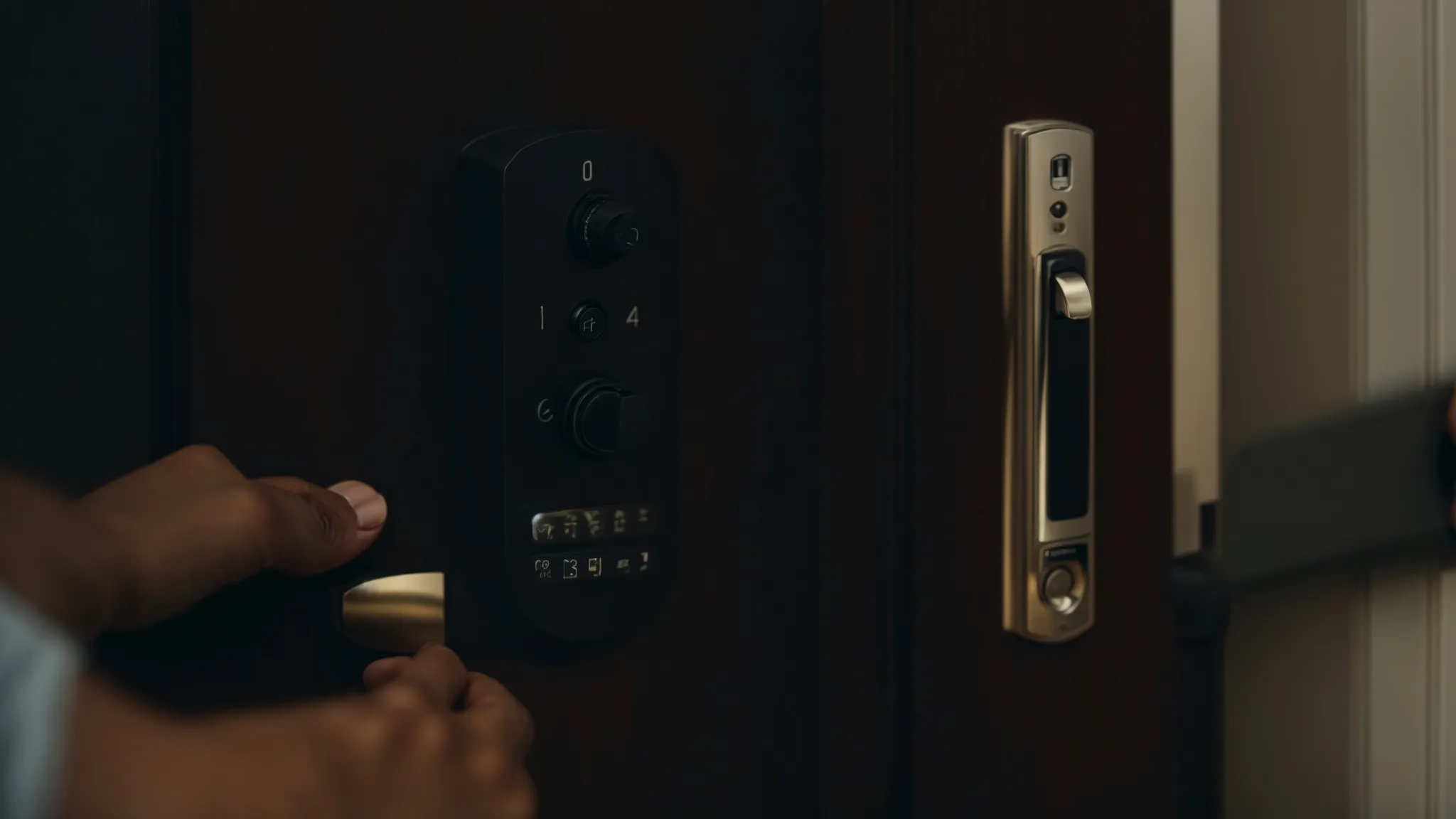 a homeowner inputs a new code on a schlage touchpad lock mounted on their front door.