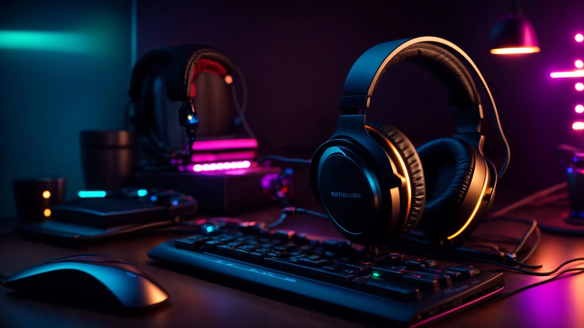 a sleek, metal gaming headset rests on a desk beside a gaming keyboard, under the soft glow of rgb lights.