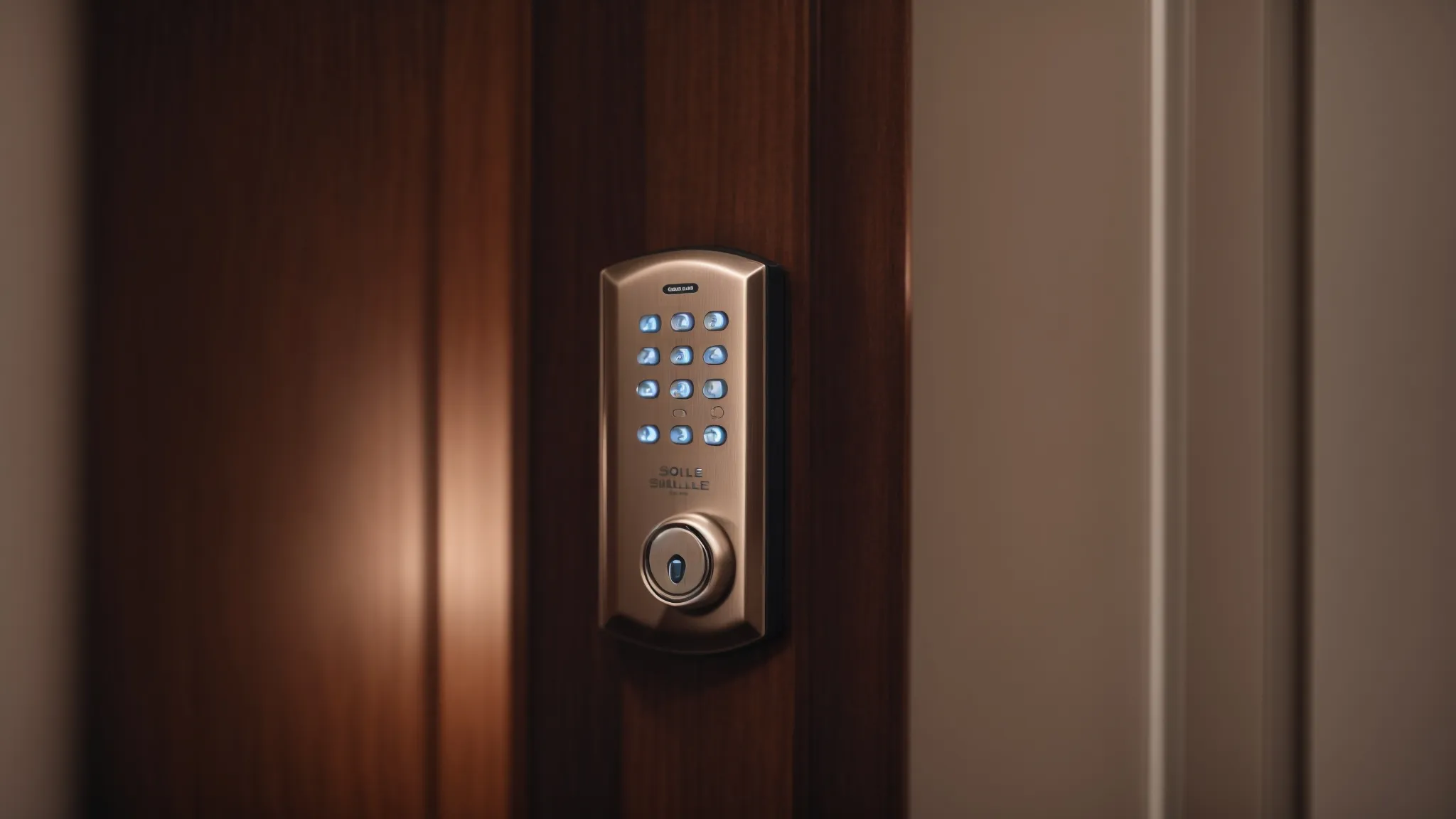 a person stands in front of a solid door equipped with a sleek schlage keypad lock, poised to program it under soft, ambient lighting.