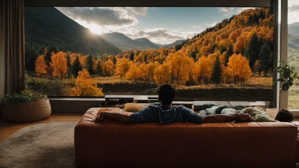 a person relaxing on a couch while watching a tv screen showing vibrant nature scenes.