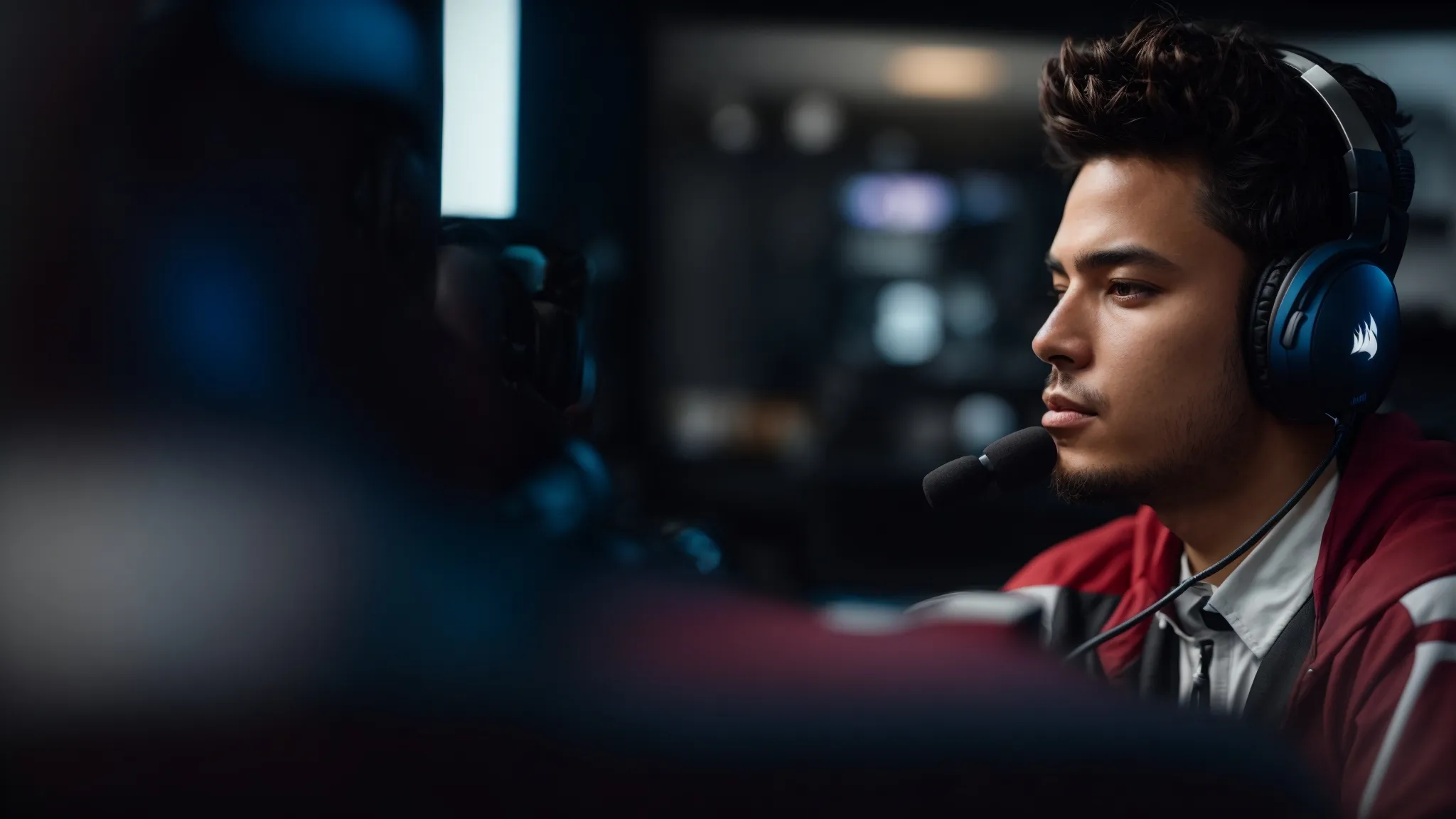 a gamer, deeply immersed in a captivating game environment, wears the corsair hs55 headset, accentuating a focused and comfortable gaming setup.