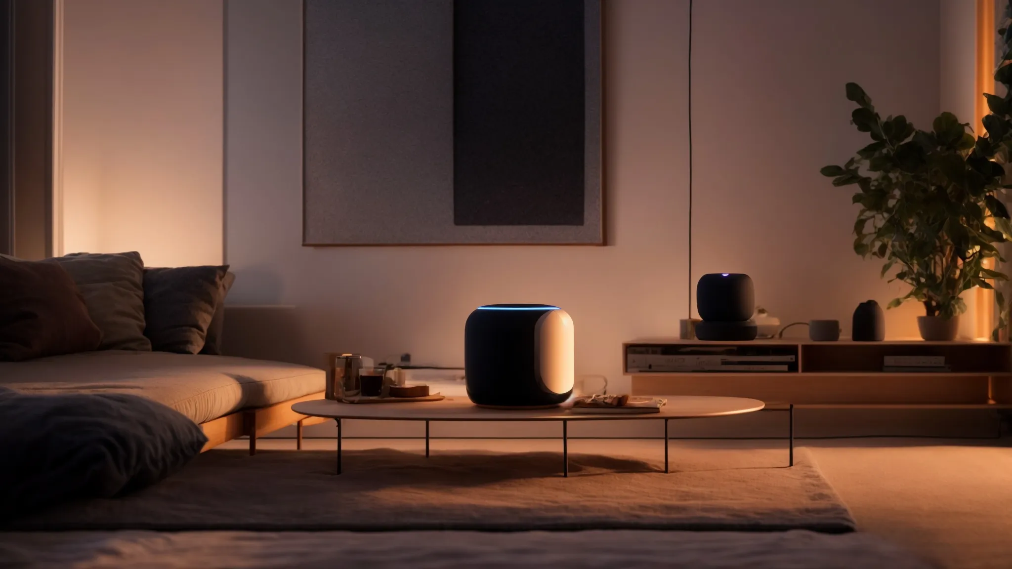 a cozy room at dusk, with a solitary homepod casting soft shadows as music fills the space.