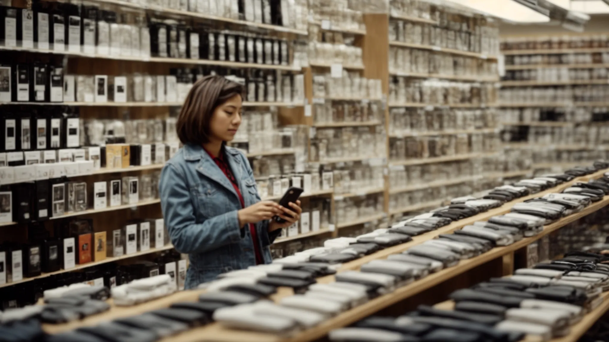 a customer engages in conversation with a store representative amidst rows of cell phones on display.