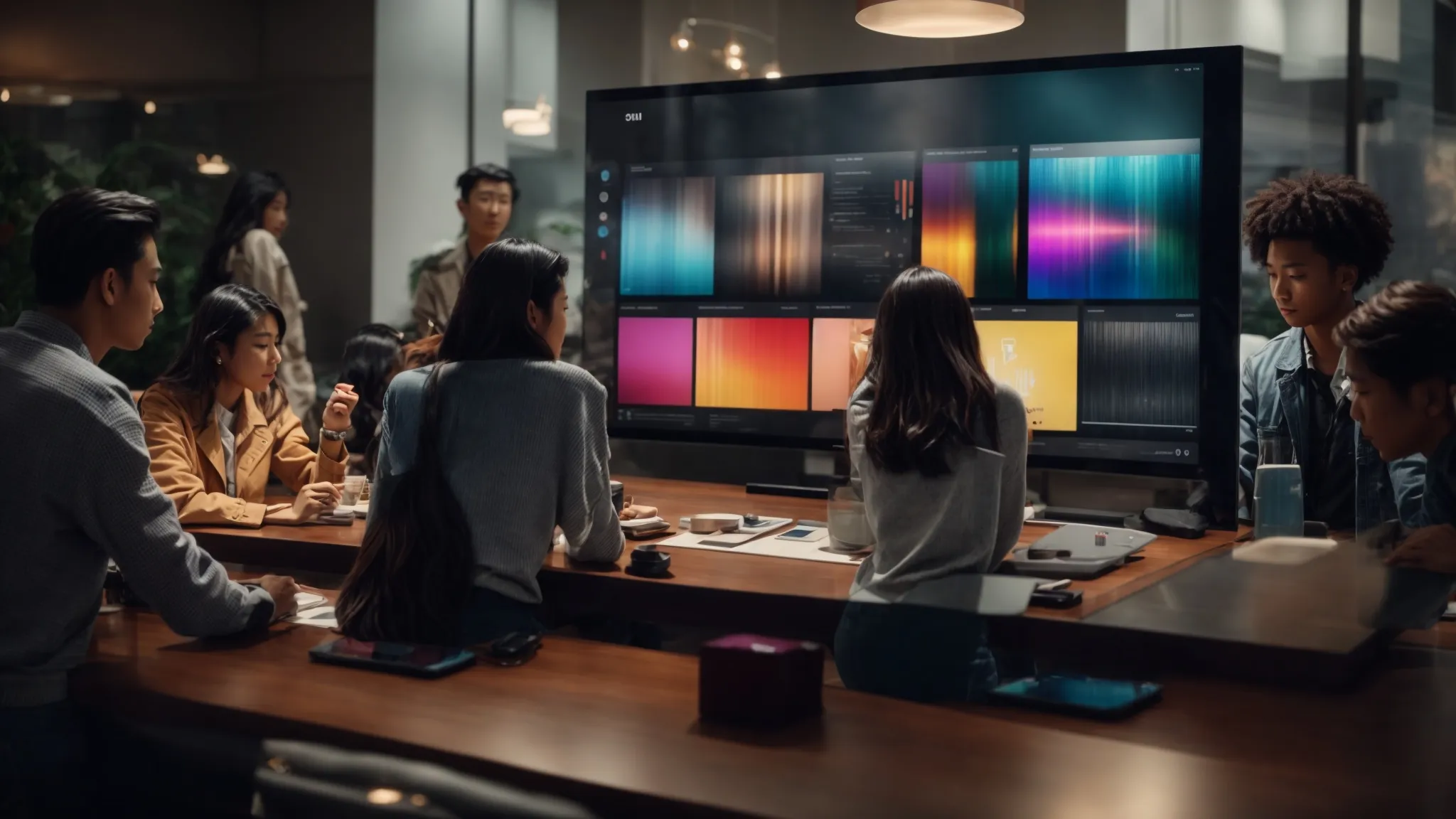 a group of people gathered around a large, sleek table, intently focusing on various screens displaying colorful music streaming apps and information.