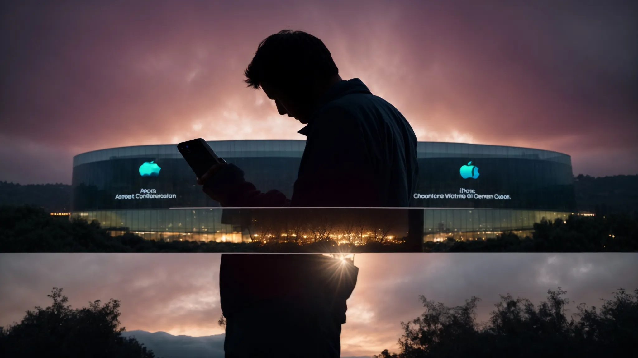 a silhouetted person holds an iphone displaying the weather app with cupertino illuminated on the screen against a backdrop of apple's sprawling headquarters at dusk.