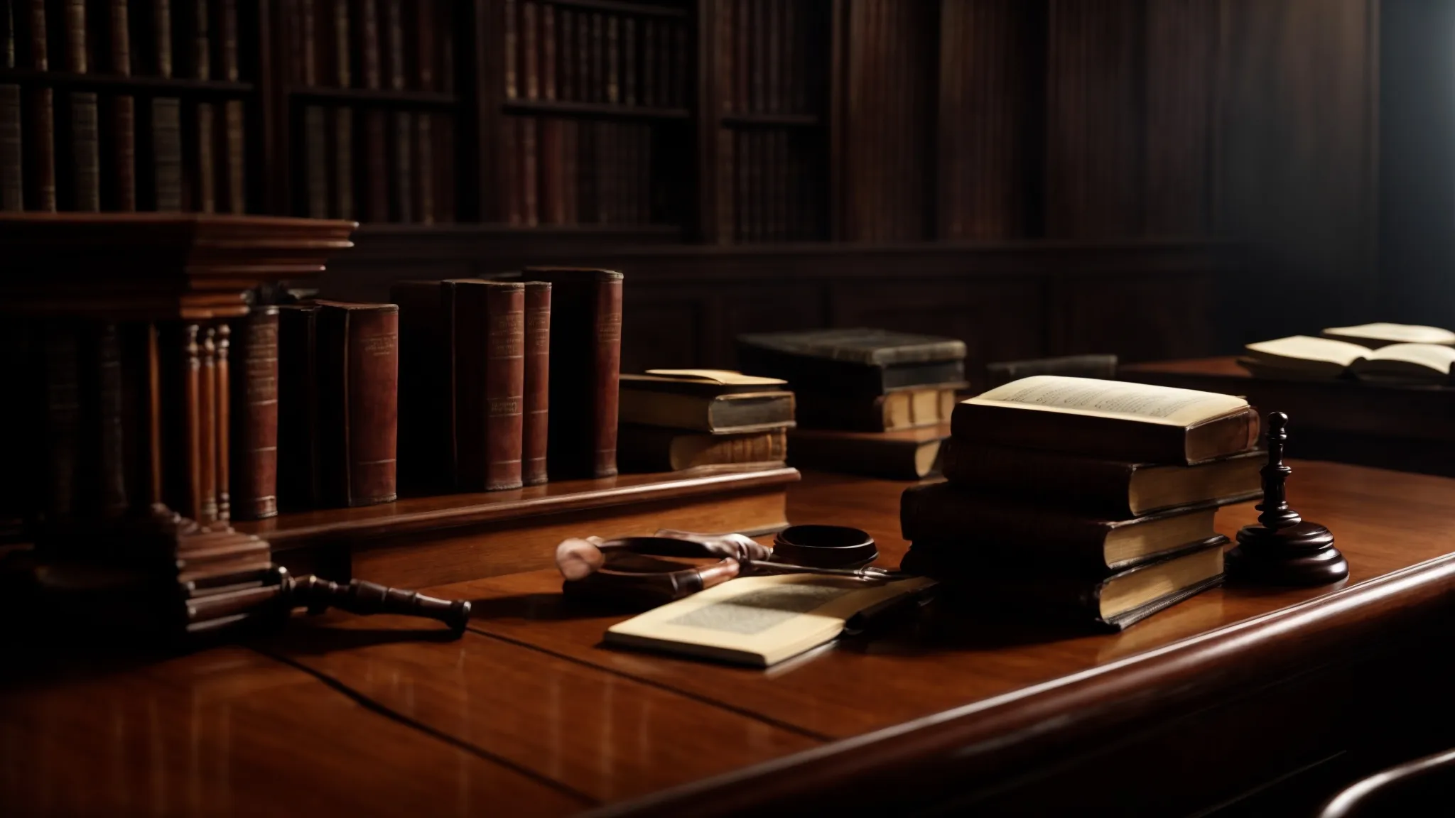 a courtroom filled with legal books and a gavel on the judge's bench, with a shadowy figure holding a 