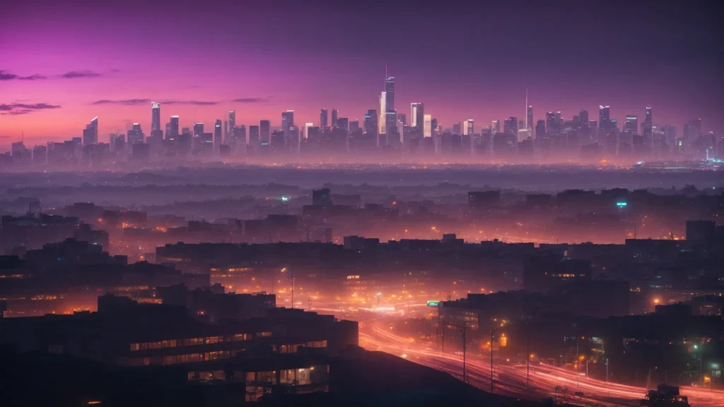 a panoramic view of a sprawling, neon-lit city skyline at dusk, symbolizing the setting of the rumored new grand theft auto game.