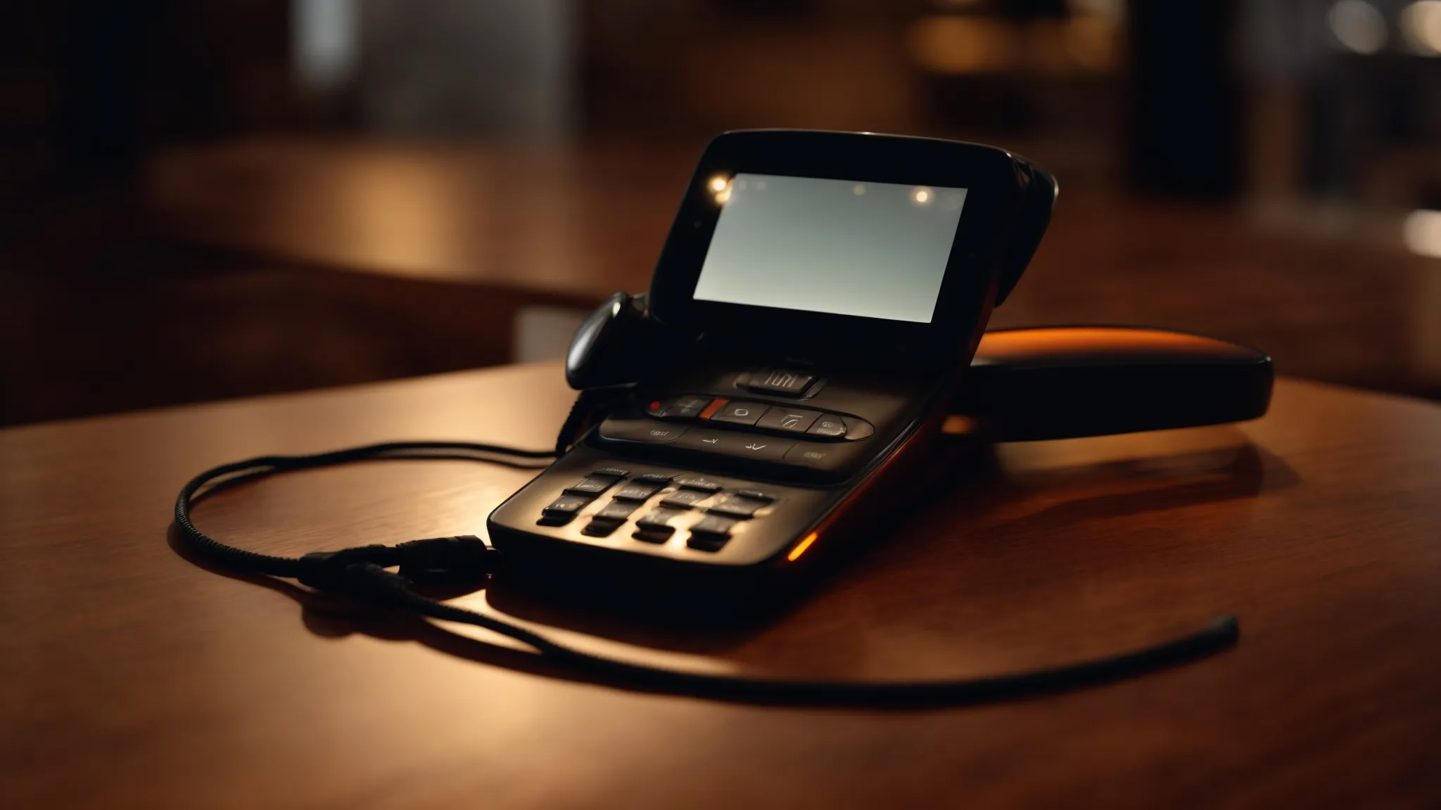 a motorola phone lying on a wooden table, illuminated by the flashing screen showing an incoming call.