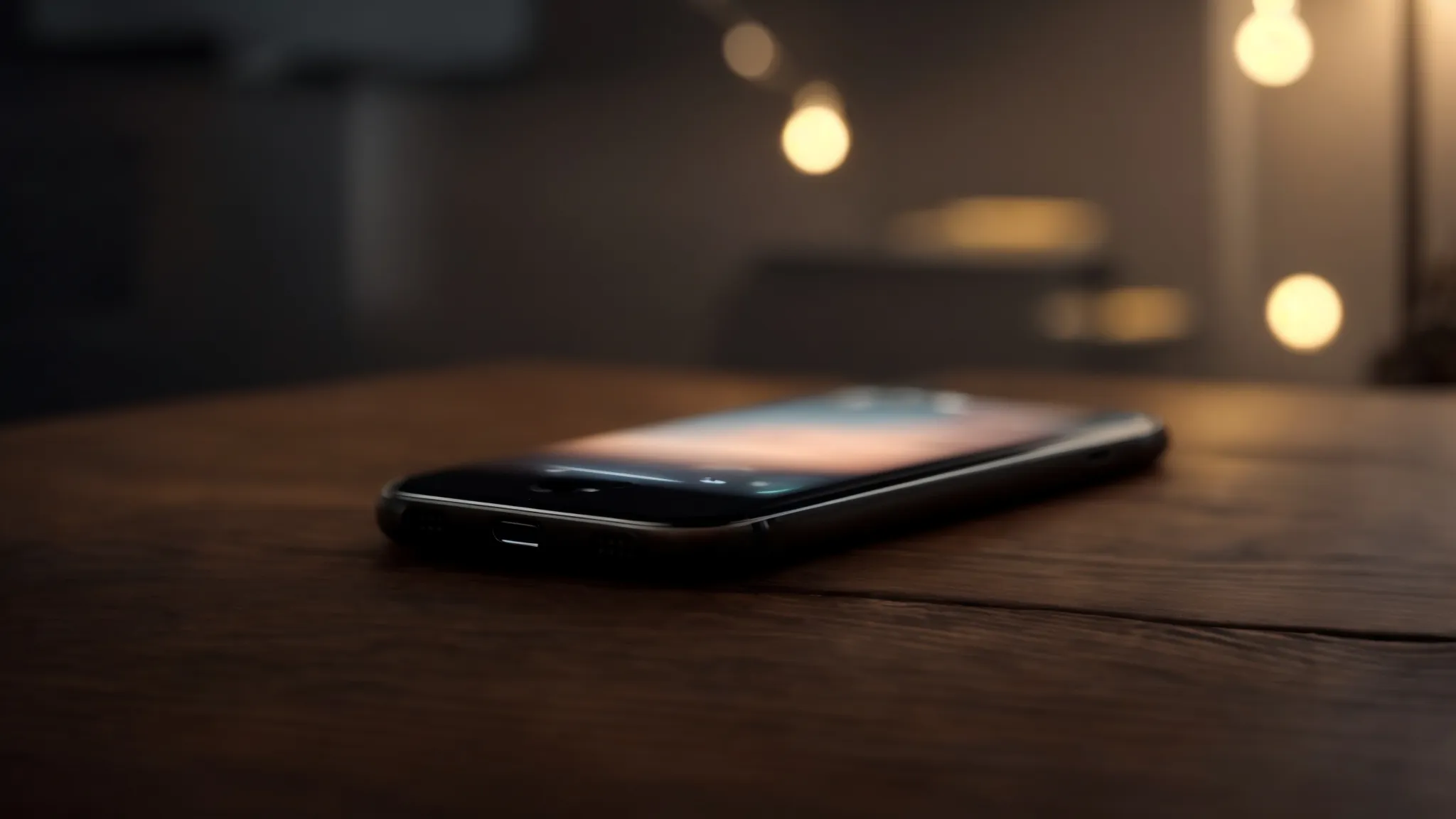 an iphone lays on a wooden table, its screen illuminated with an incoming call notification in a dimly lit room.