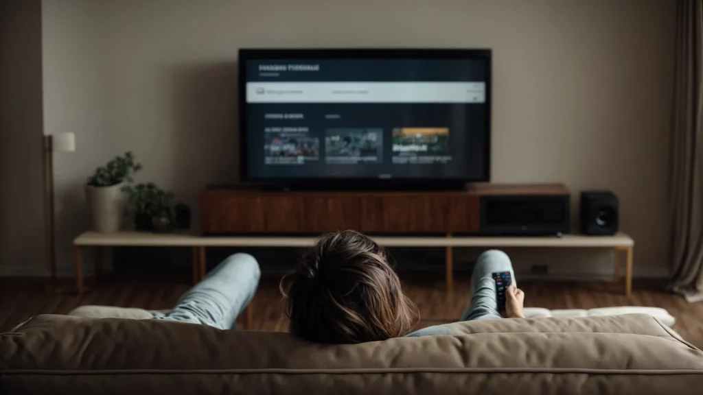 a person lounging comfortably on a couch while looking at a generic, logo-free streaming device remote control in front of a blank television screen.