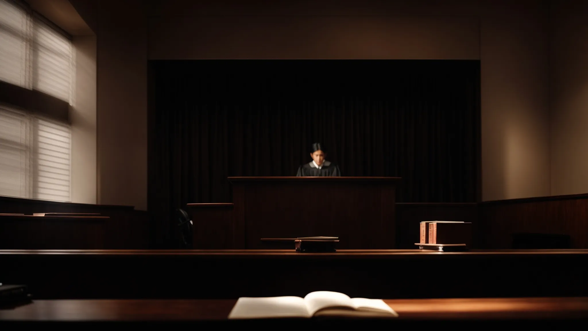 a dark, empty courtroom with a single manga book on the judge's bench, casting an ominous shadow.