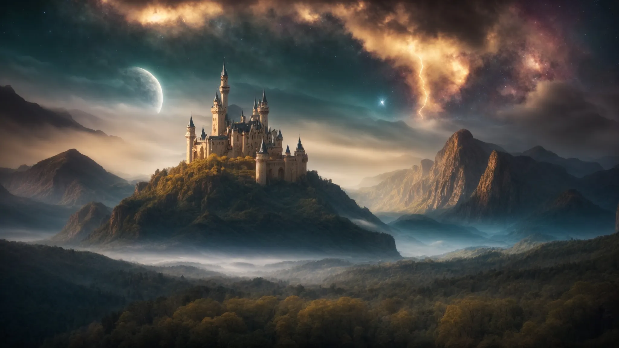 a sprawling fantasy landscape under a starlit sky, dotted with towering castles and mythical creatures soaring overhead.