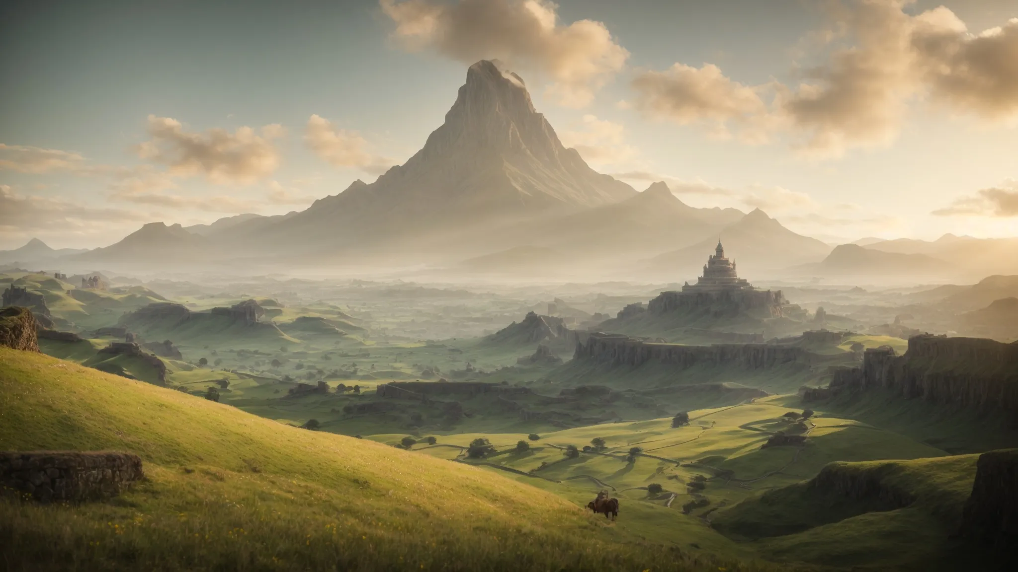 a sweeping landscape of hyrule showcasing its evolution from pixelated plains to a vast, open world dotted with landmarks from different eras of the legend of zelda series.