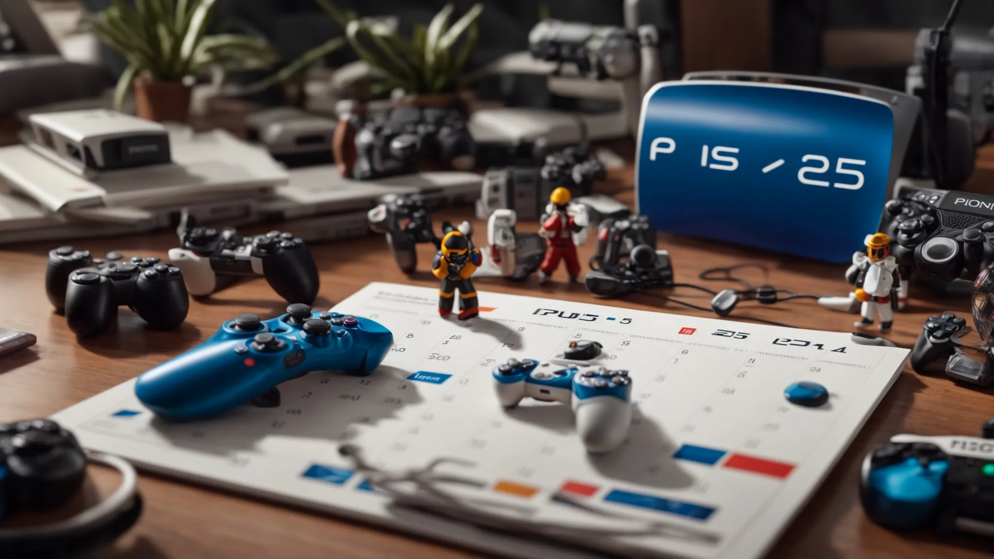 a calendar marked with the ps5 logo, surrounded by game controllers and iconic game character figurines.