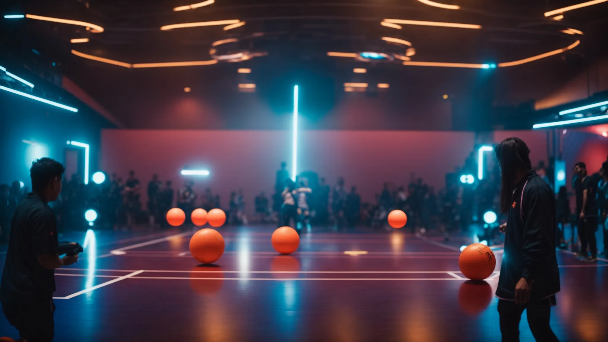 two avatars engaging in a fast-paced, digital dodgeball match within a futuristic arena, one throwing a glowing ball with intense focus.