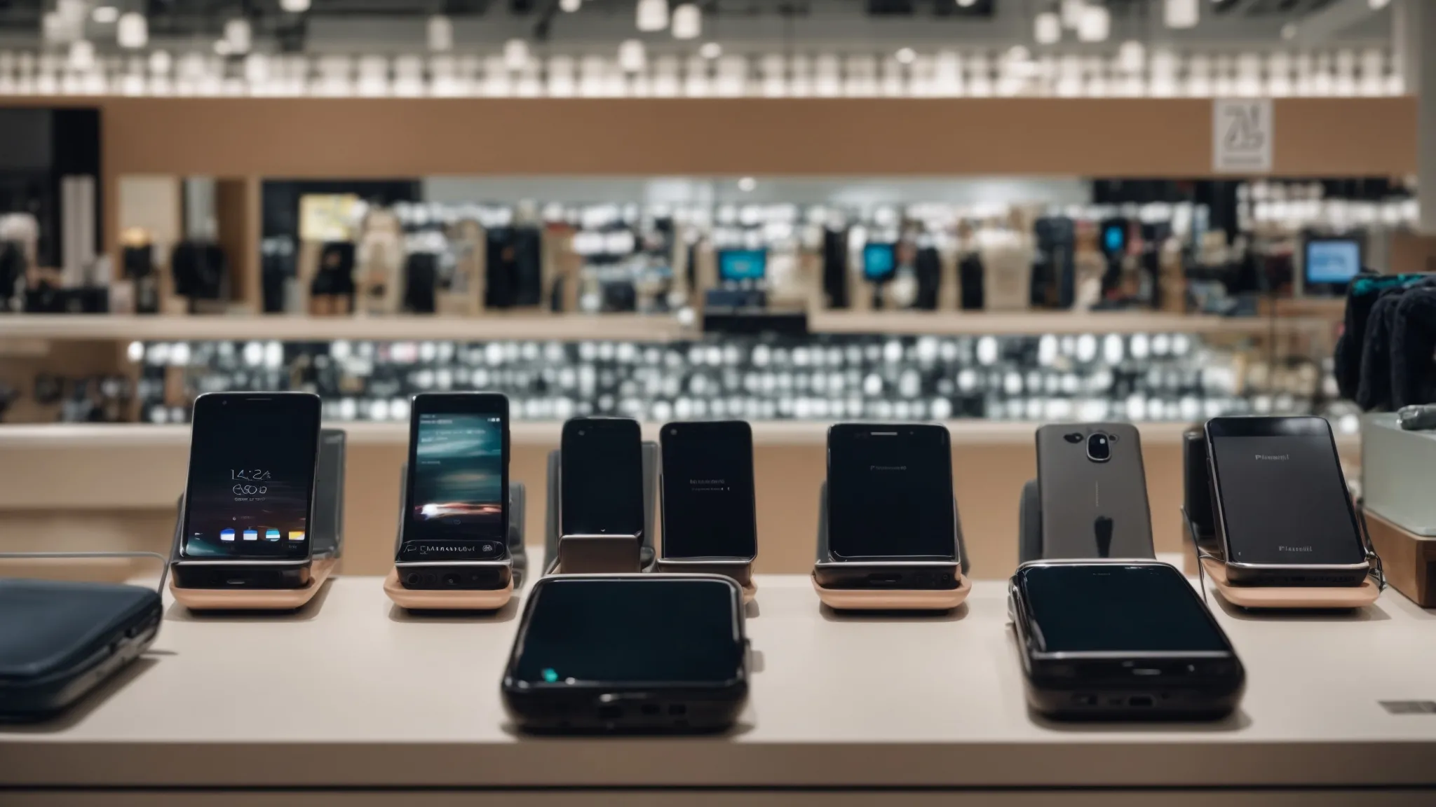 rows of smartphones and accessories displayed in a well-lit retail store.