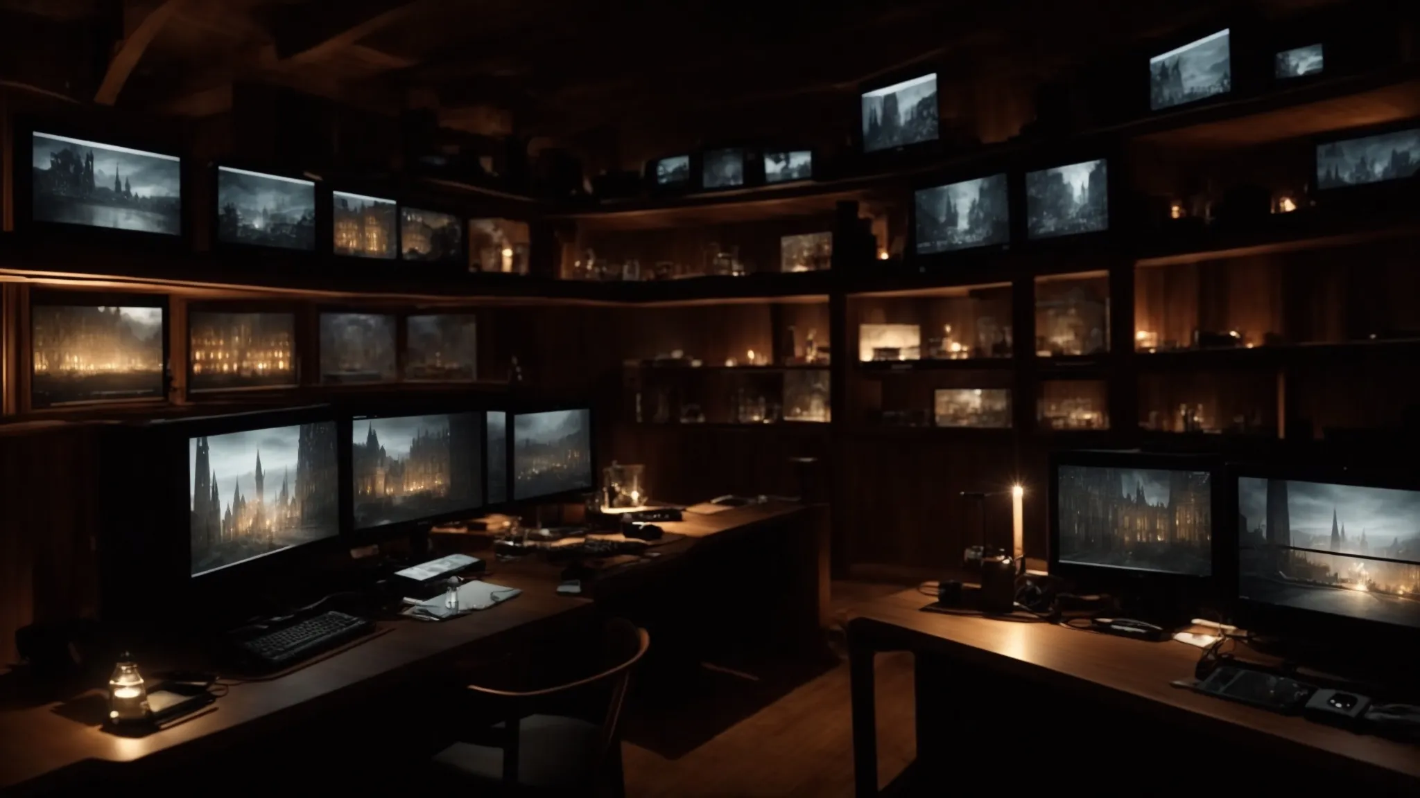 a dimly lit room illuminated by the glow of multiple screens showing shadowy, gothic landscapes awaiting the reveal of a new vampire game.