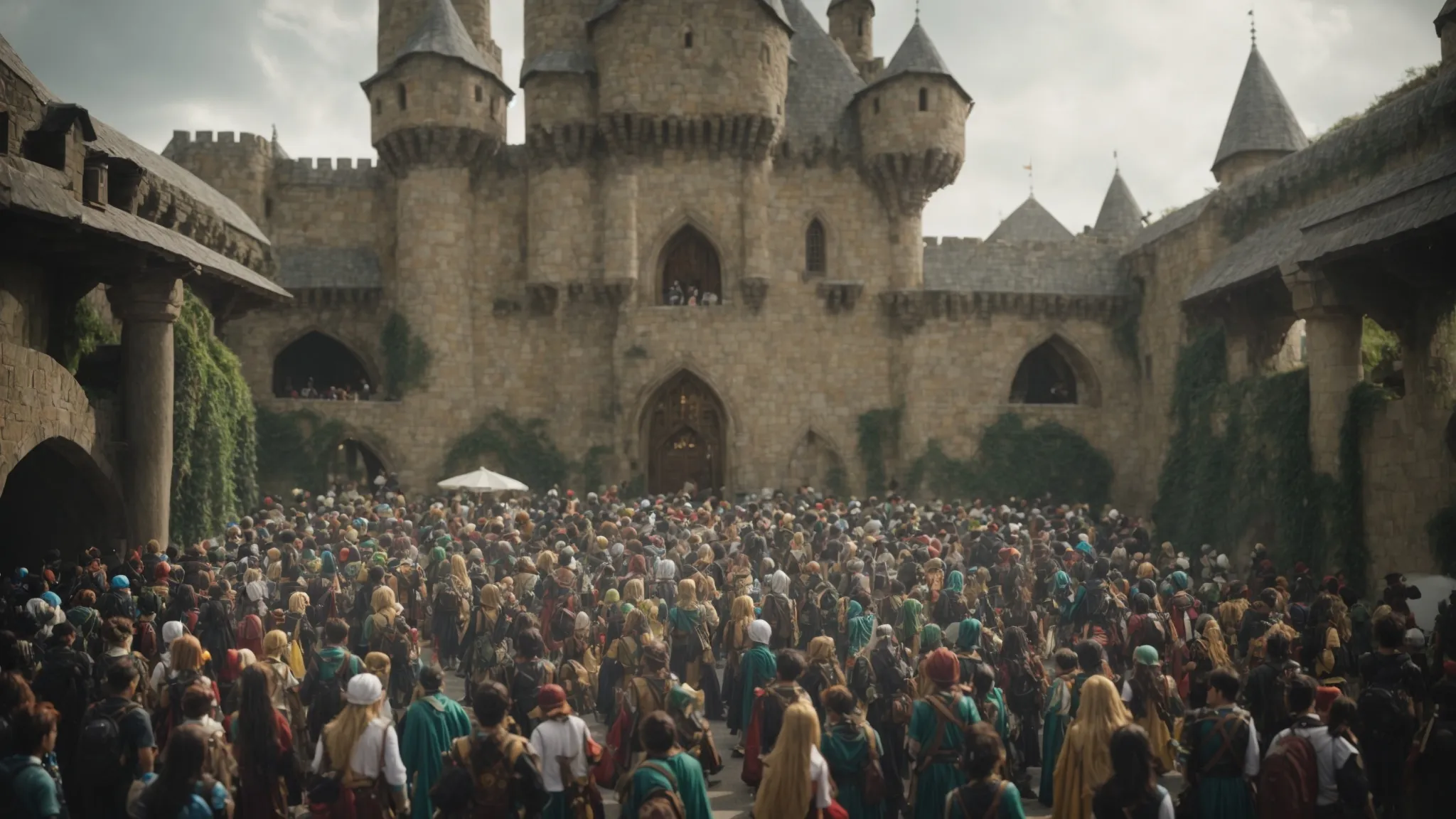 a crowded convention hall where attendees dressed in costumes from 'the legend of zelda' series mingle, with a large, detailed replica of hyrule castle as the backdrop.