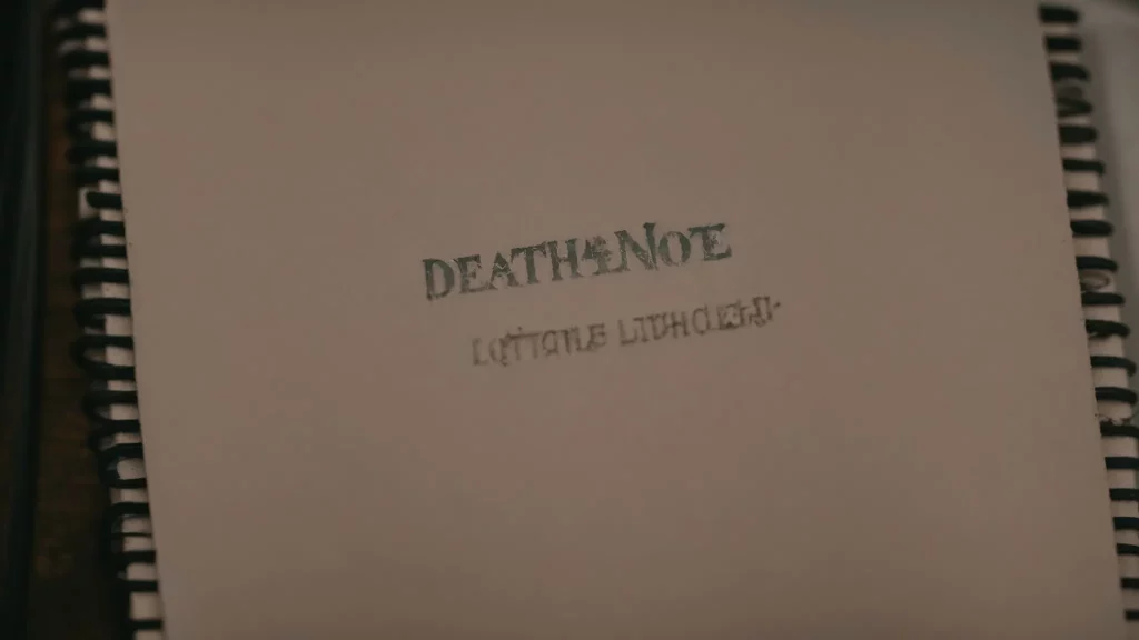 a worn leather notebook with the title "death note" embossed in a sinister font lies open on a dimly lit desk, surrounded by shadows.