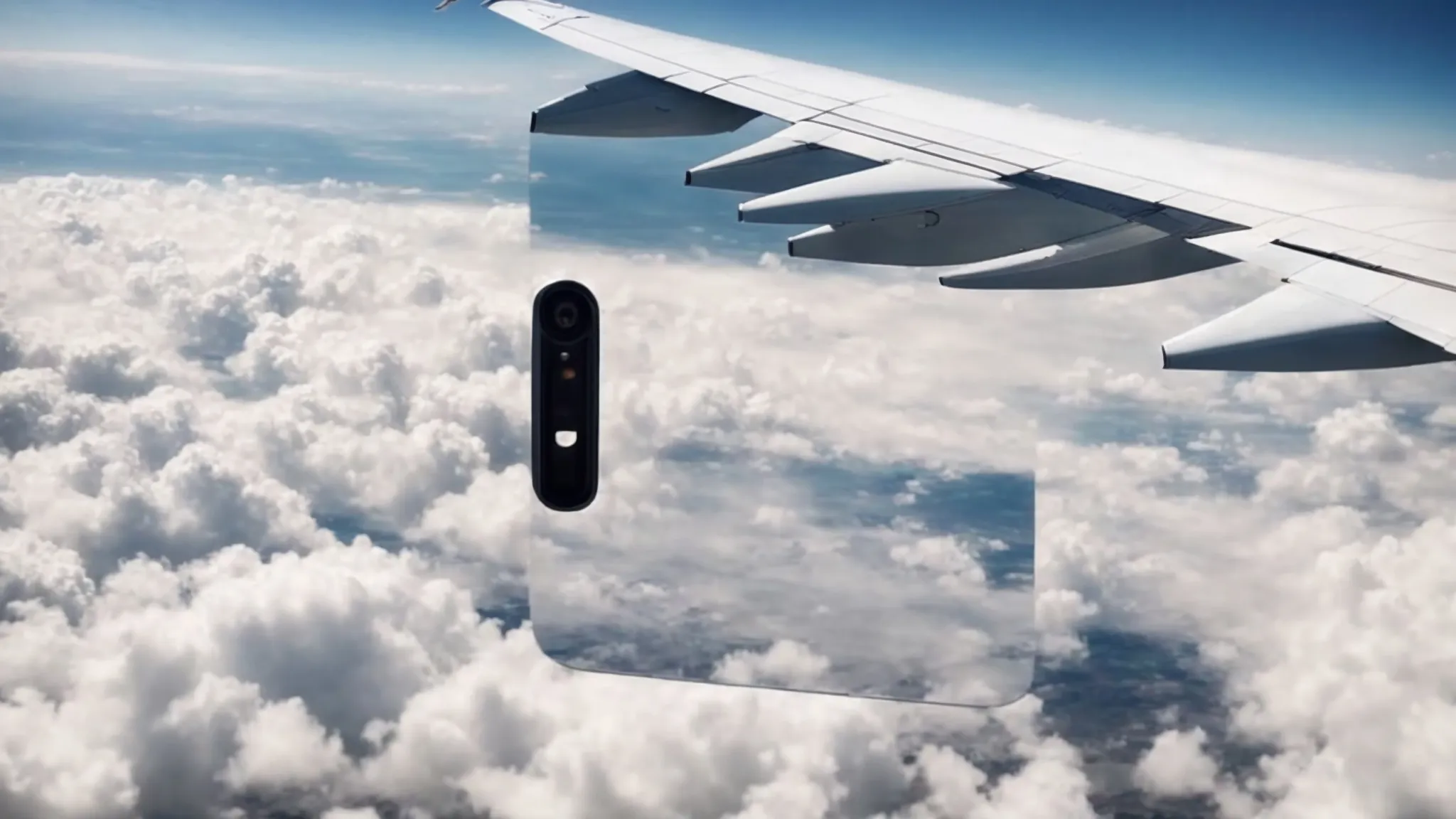 a serene view through an airplane window with a phone in airplane mode resting on the seat tray, overlooking a blanket of clouds under a bright sky.