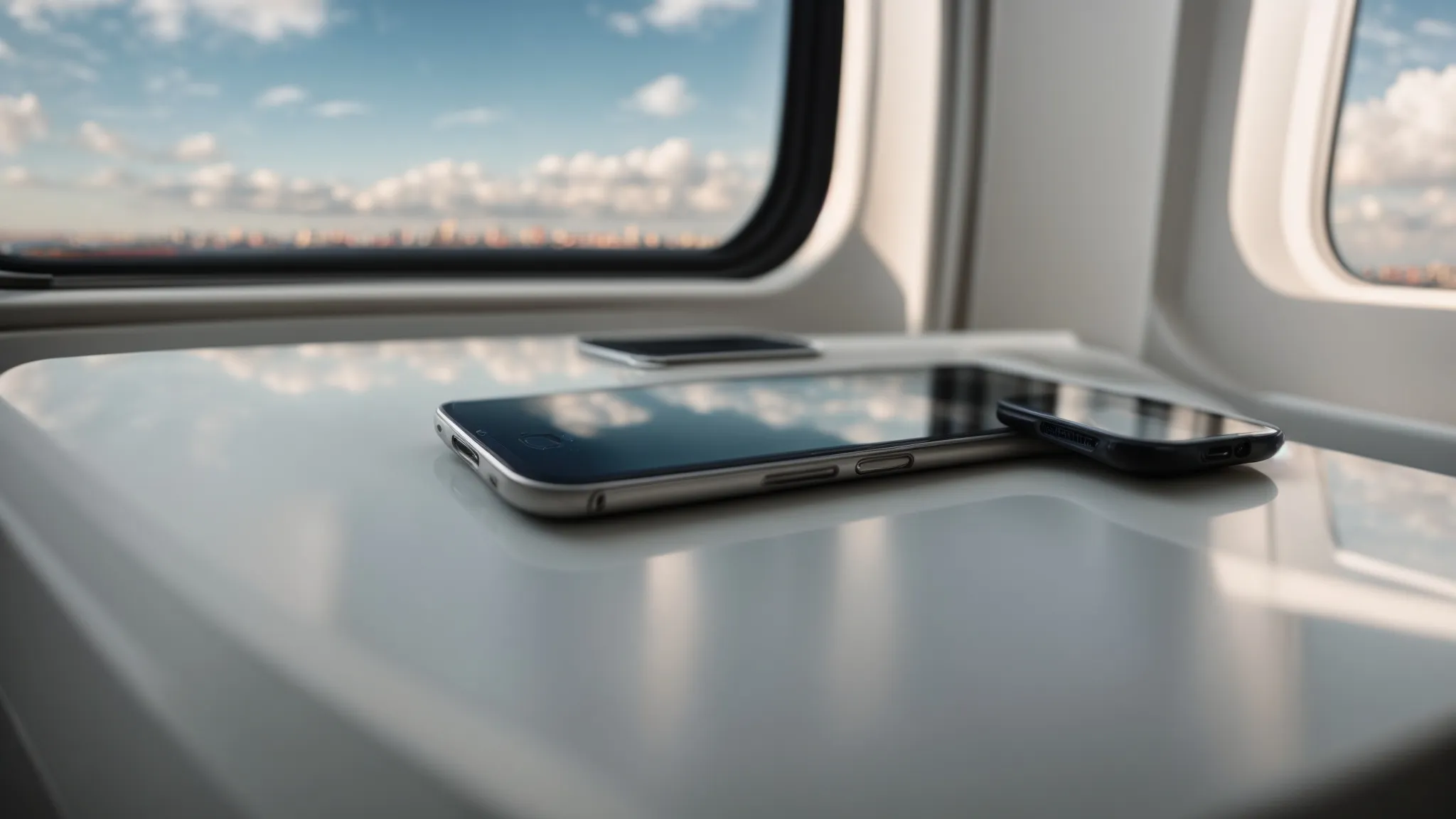 a smartphone lies on a tray table, next to a window offering a view of the clouds below, ready for airplane mode activation. Knowledge