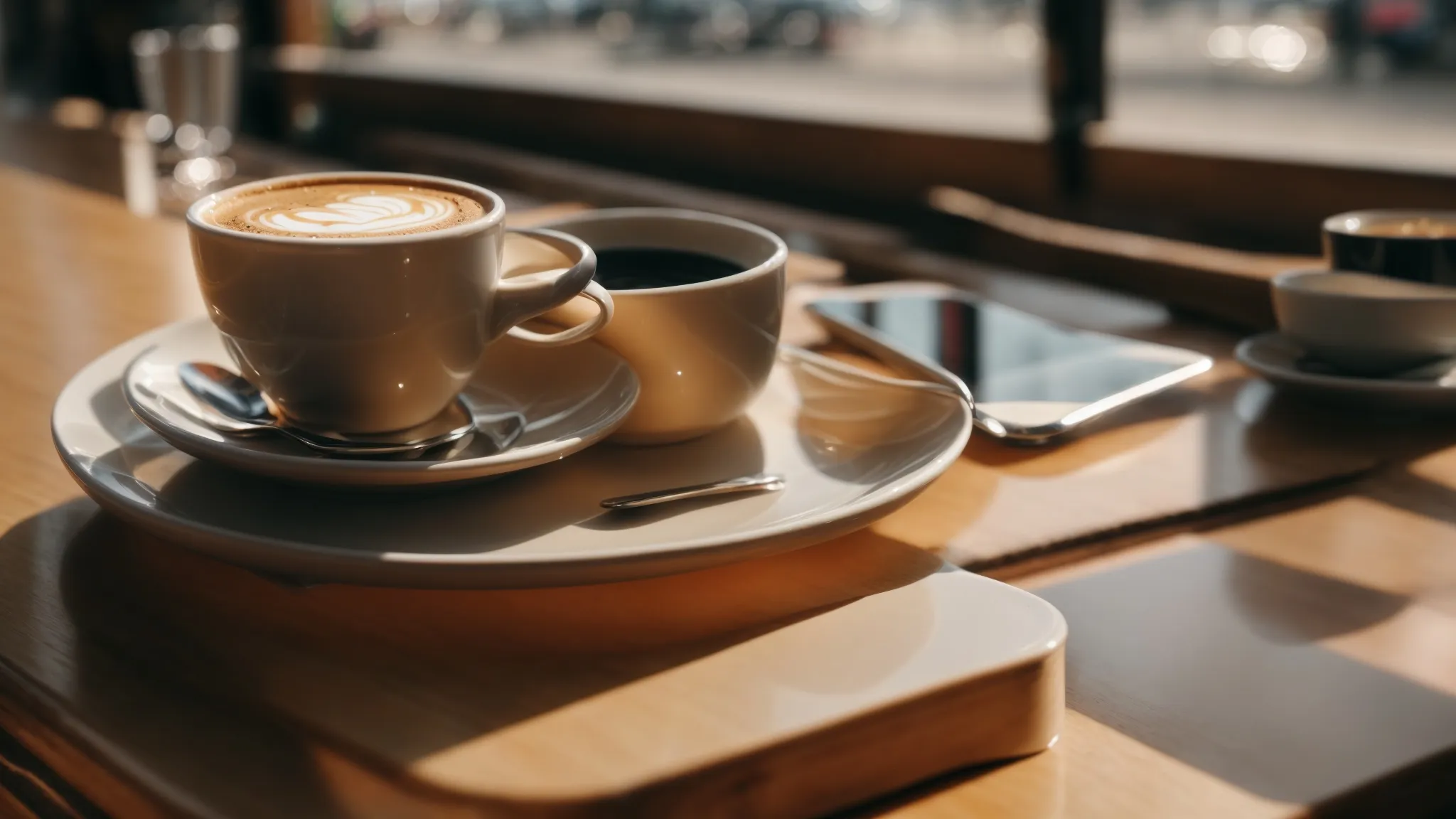 an iphone rests on a table next to a cup of coffee in a brightly lit cafe, with the 'settings' app open on the screen.