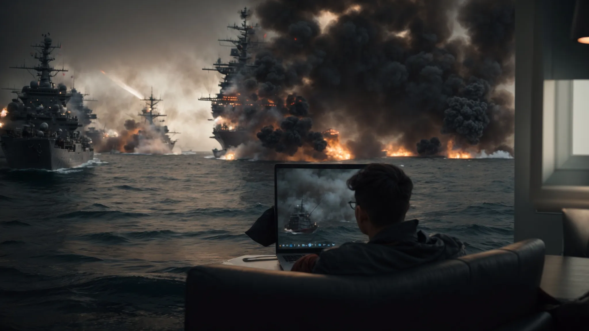 a person sitting on the couch, looking intently at a thrilling naval battle scene playing on their laptop screen.