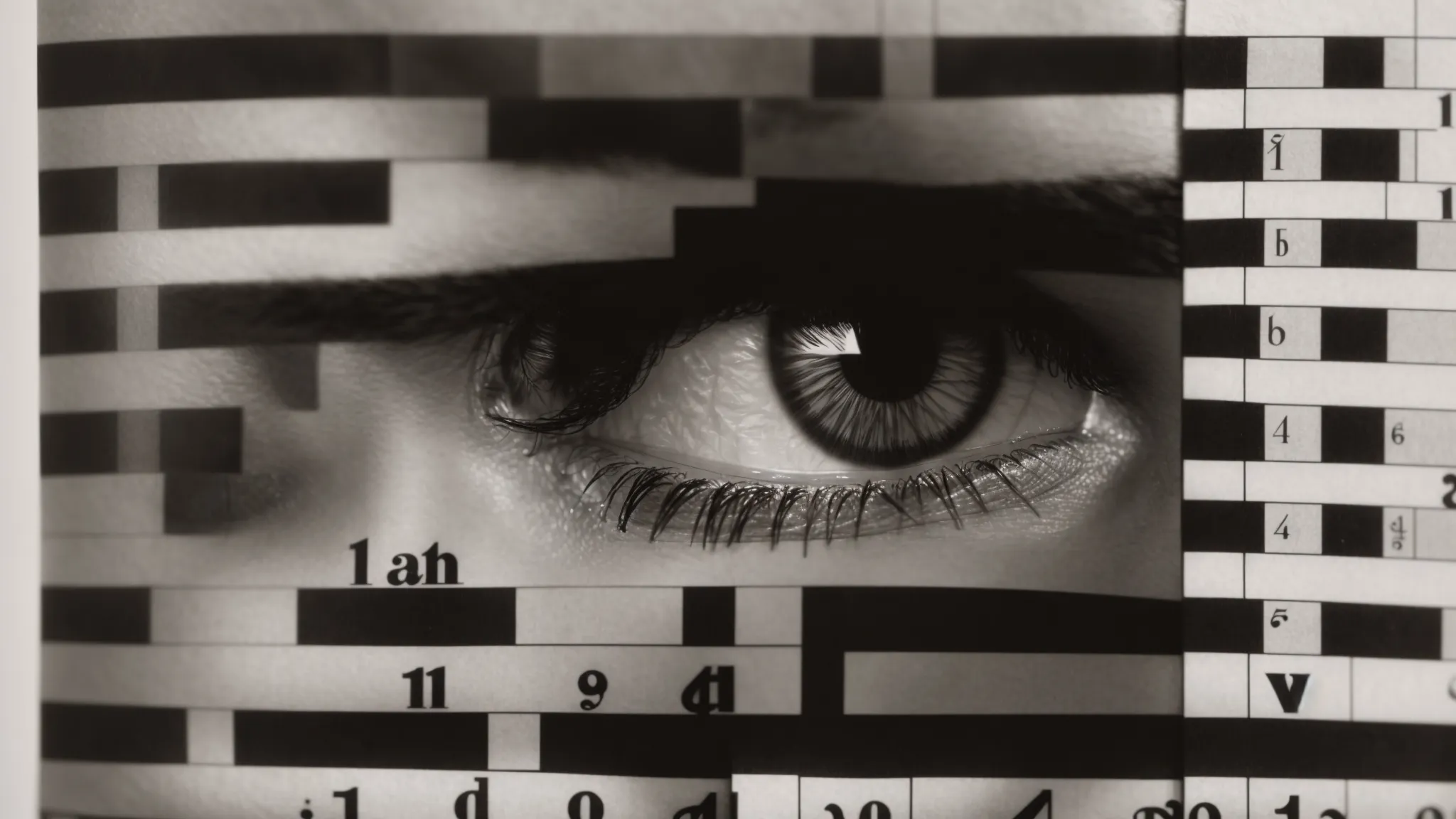 a close-up of a person's eyes, intently focusing on a crossword puzzle in the new york times newspaper.