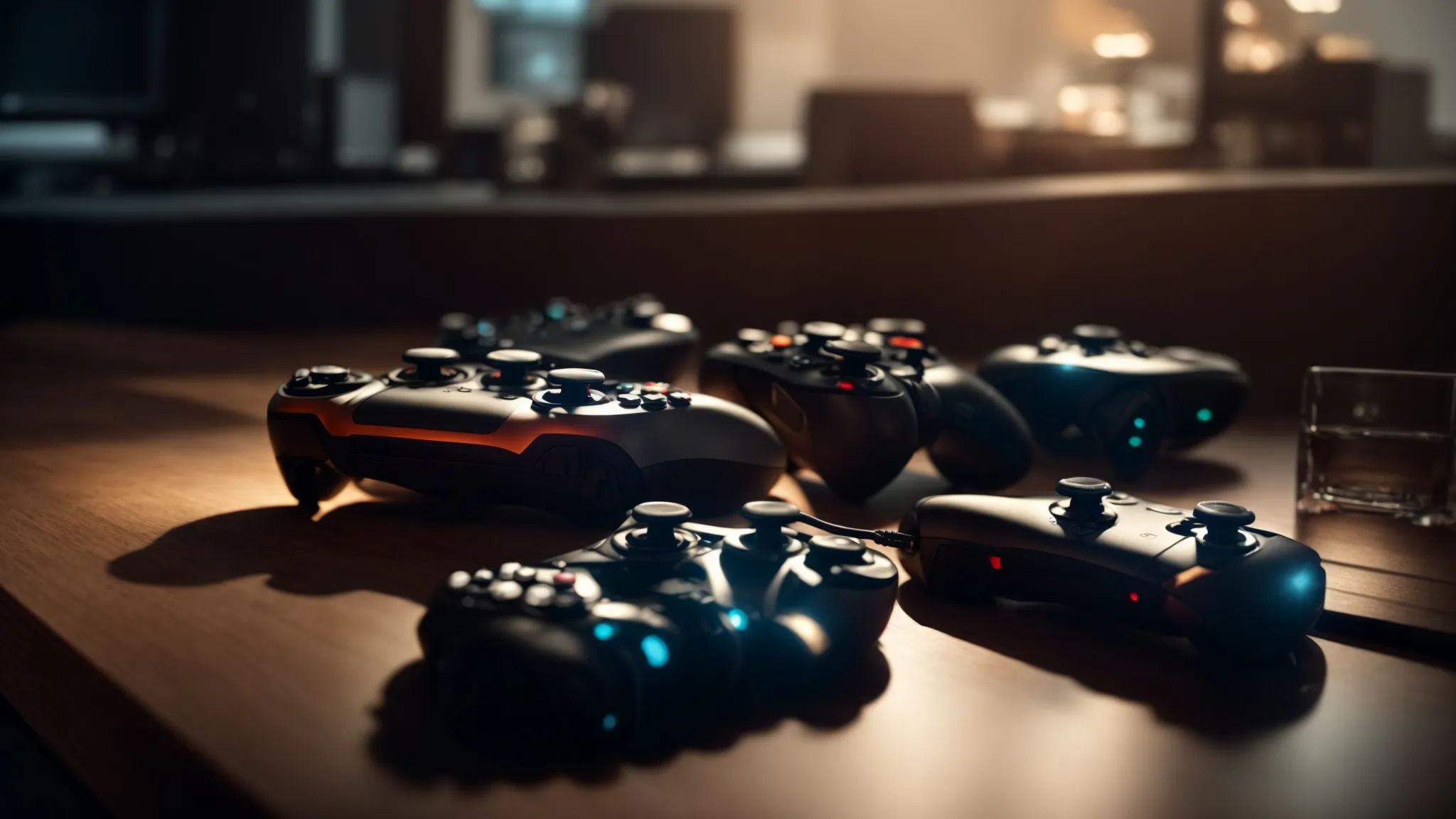an array of the latest gaming controllers displayed prominently on a sleek, modern surface, each casting a subtle shadow under the soft glow of ambient lighting.