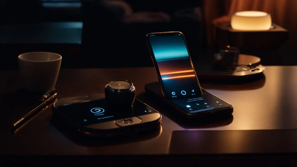a sleek smartphone lies on a coffee table, surrounded by a streaming music interface glowing invitingly in a dimly lit room.