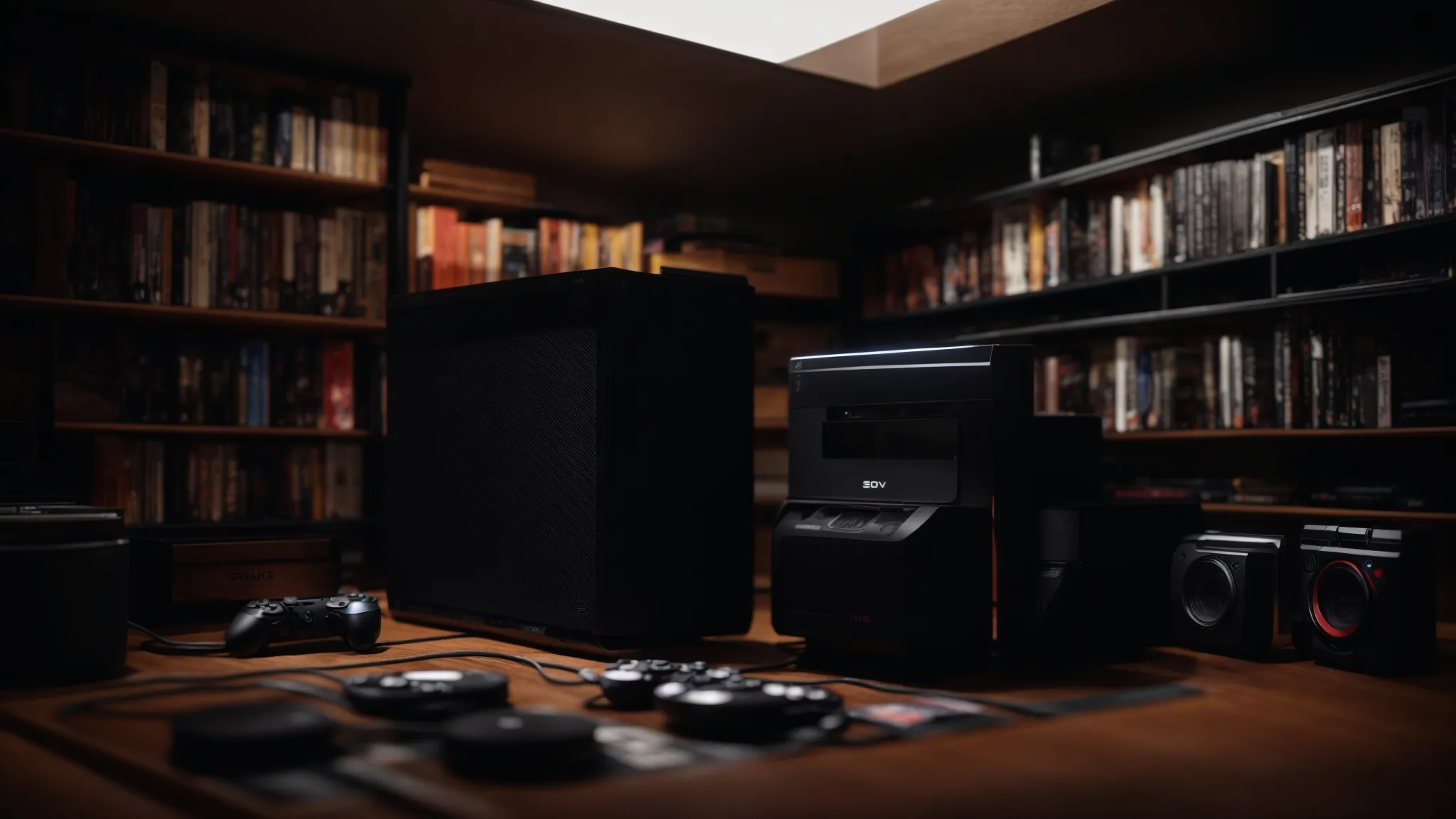 a dimly lit room with a ps5 console on the shelf, casting shadows over a pile of unnamed game cases.