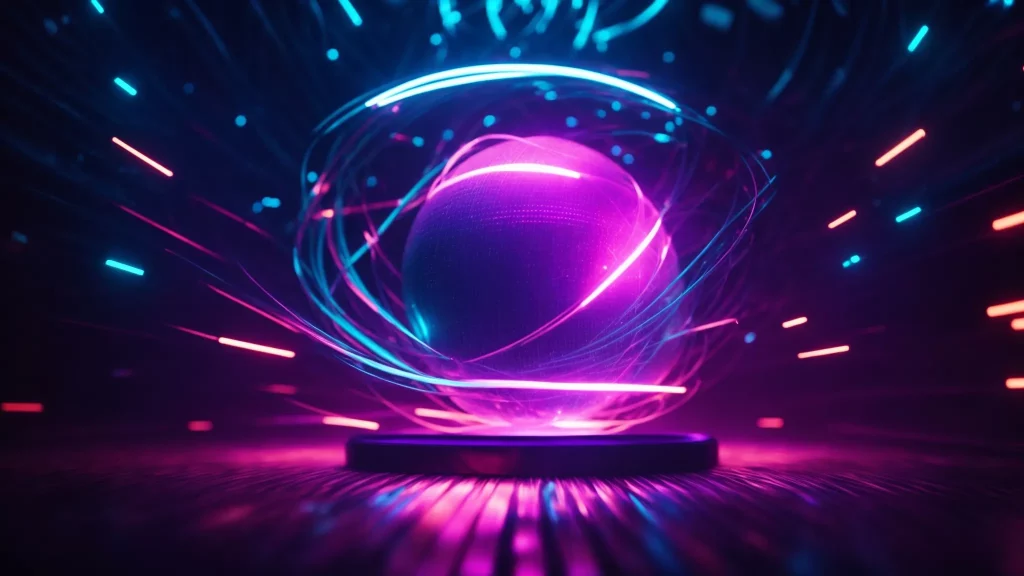 a glowing digital ball hovers in mid-air, surrounded by futuristic neon blades.