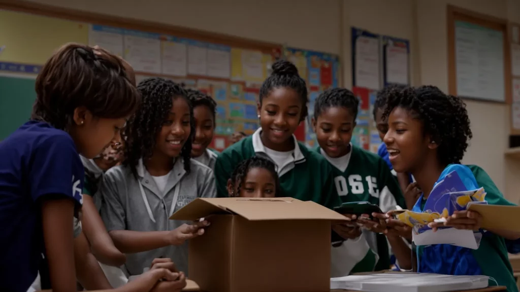 a group of students gather excitedly in a classroom as a teacher unboxes a new set of ipads.