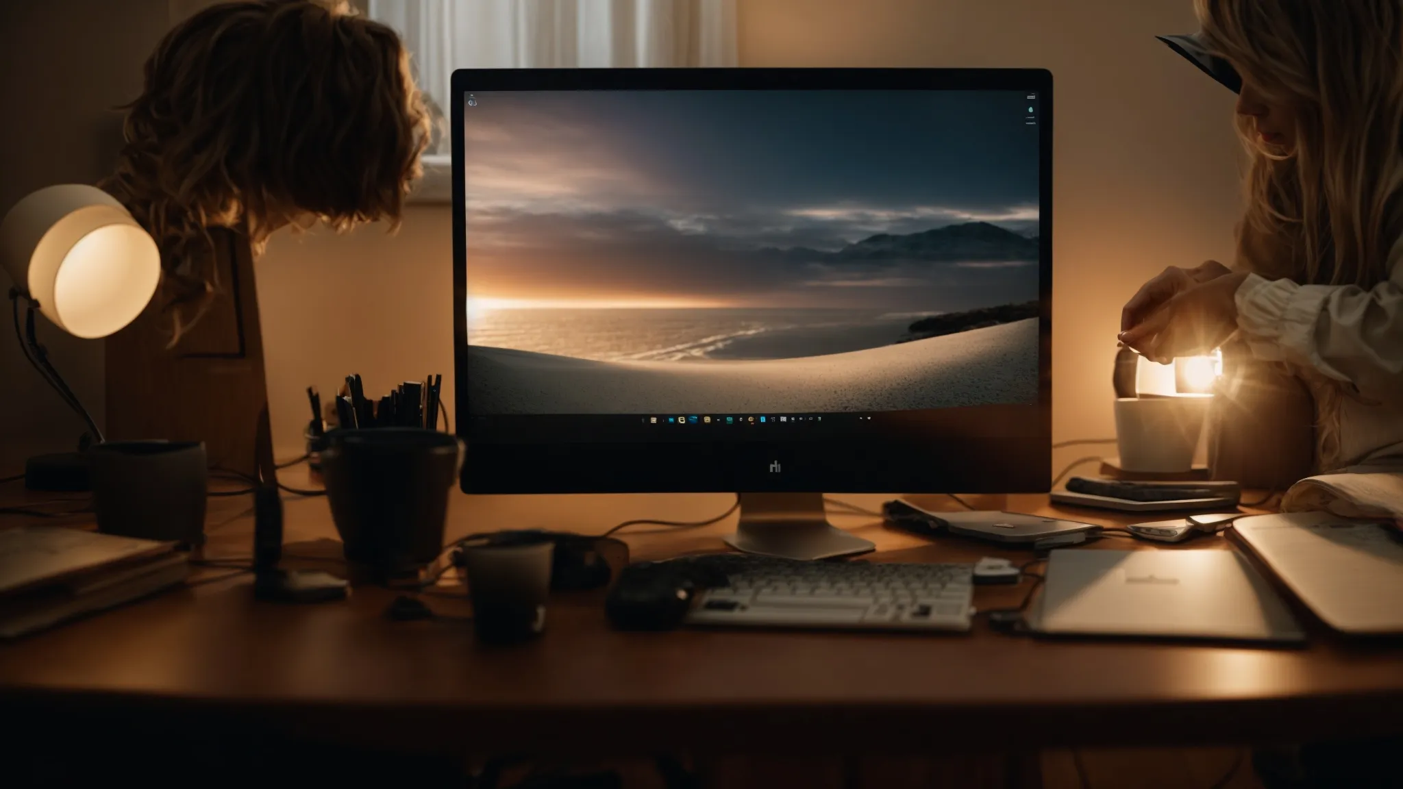 a person sitting at a desk with a computer, surrounded by soft light, symbolizing a journey of exploration and discovery in the digital world.