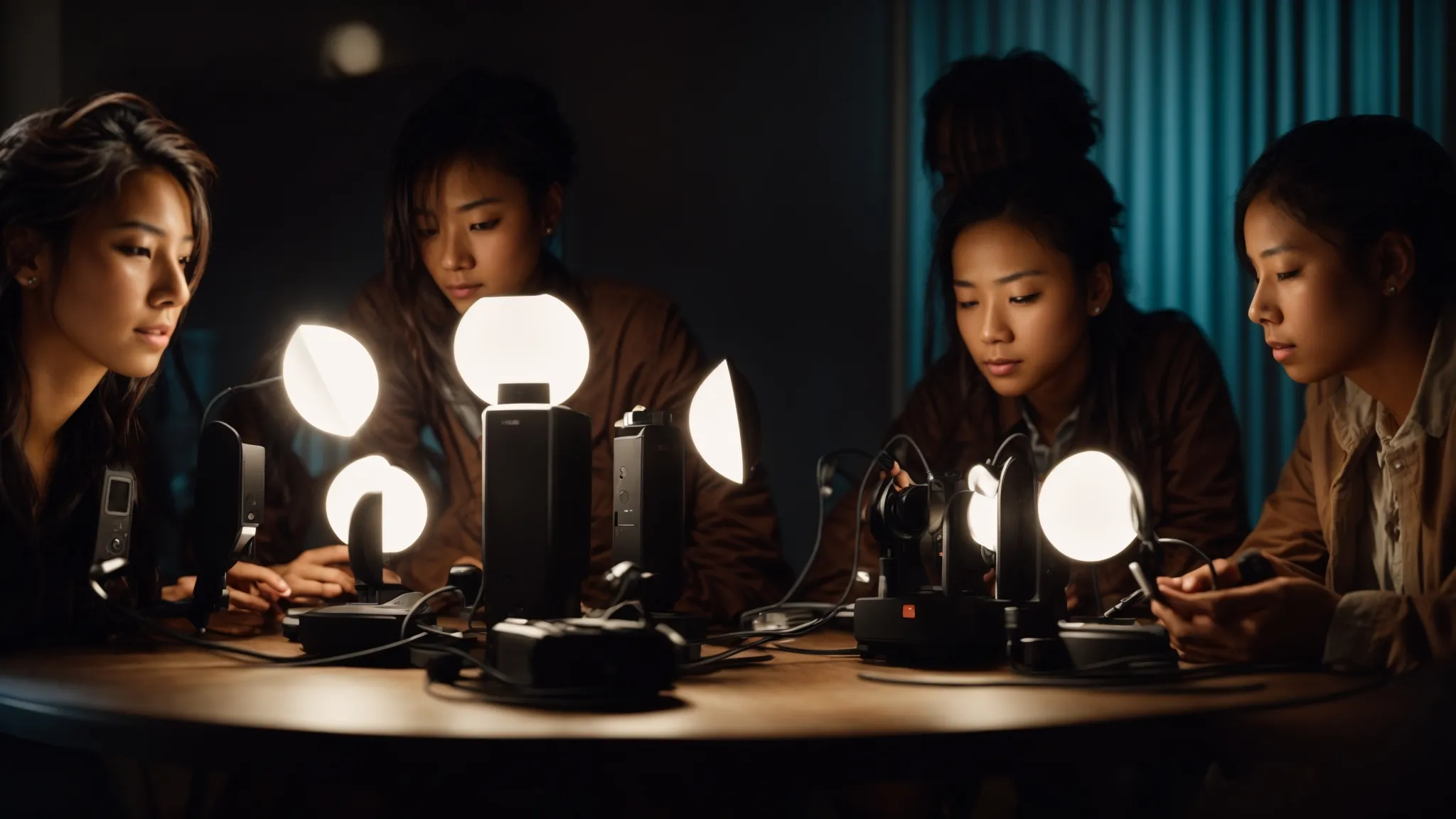 a group of diverse people animatedly discussing around a table with several vortex phones placed on it, illuminated by the soft glow of the devices.