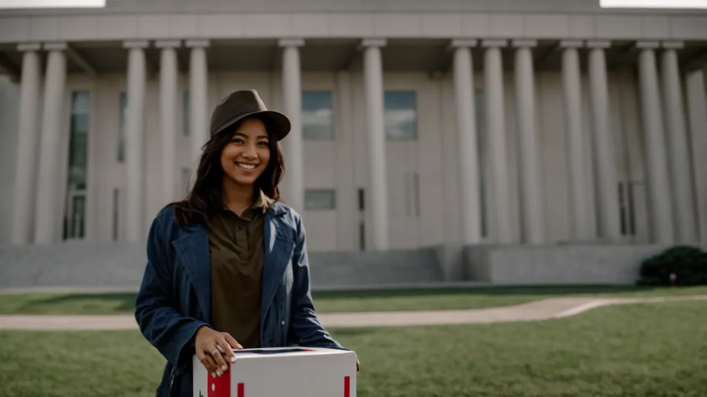 a smiling person holding a brand new iphone box while standing in front of a government building.