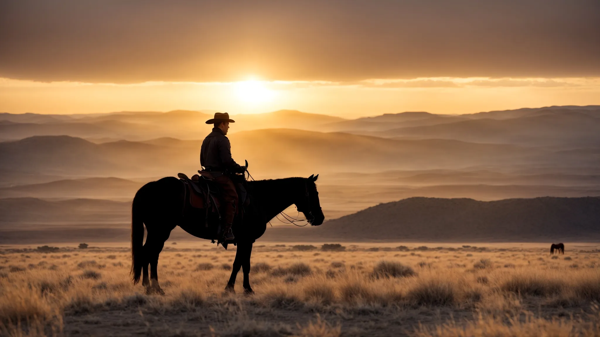 a cowboy watches the sun dip below the horizon, silhouetted against an expansive western landscape, horse beside him.