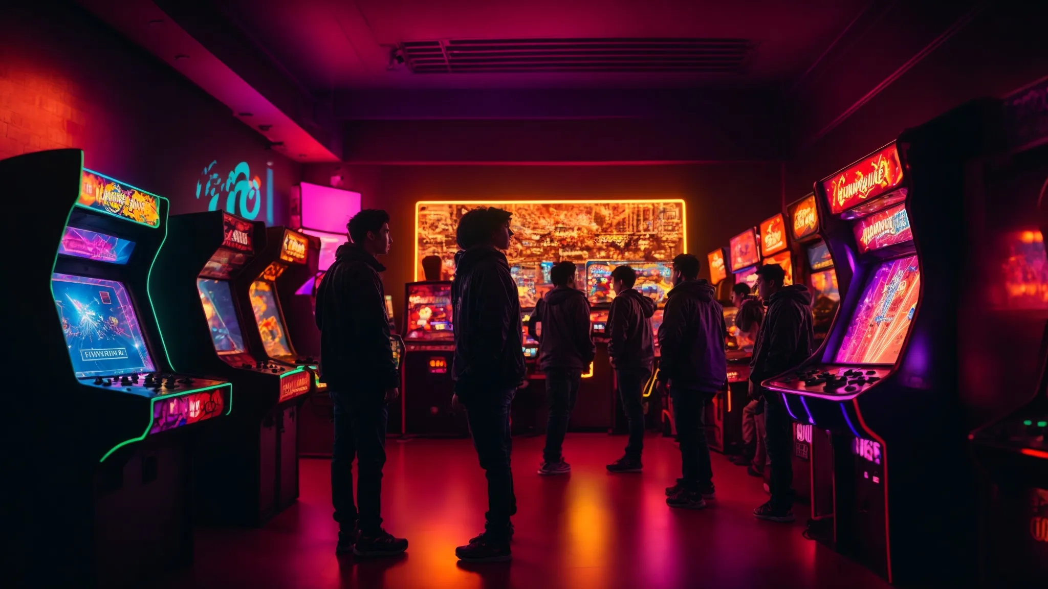 a vibrant arcade room filled with excited gamers standing in front of a large, glowing screen showcasing a shadowy figure with glowing eyes.