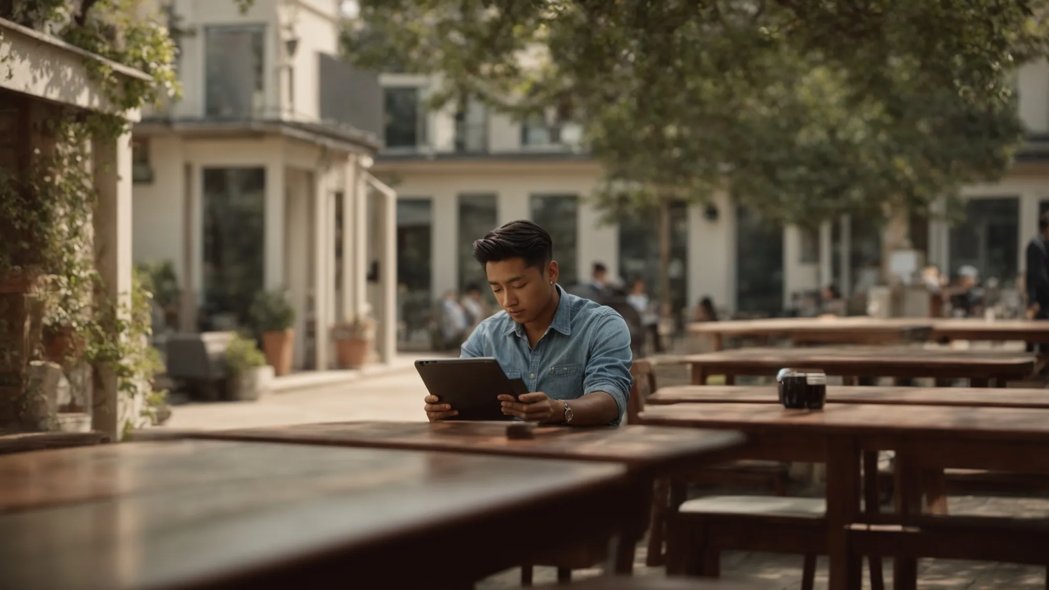 a person sitting at a table outdoors, focused intently on a tablet.