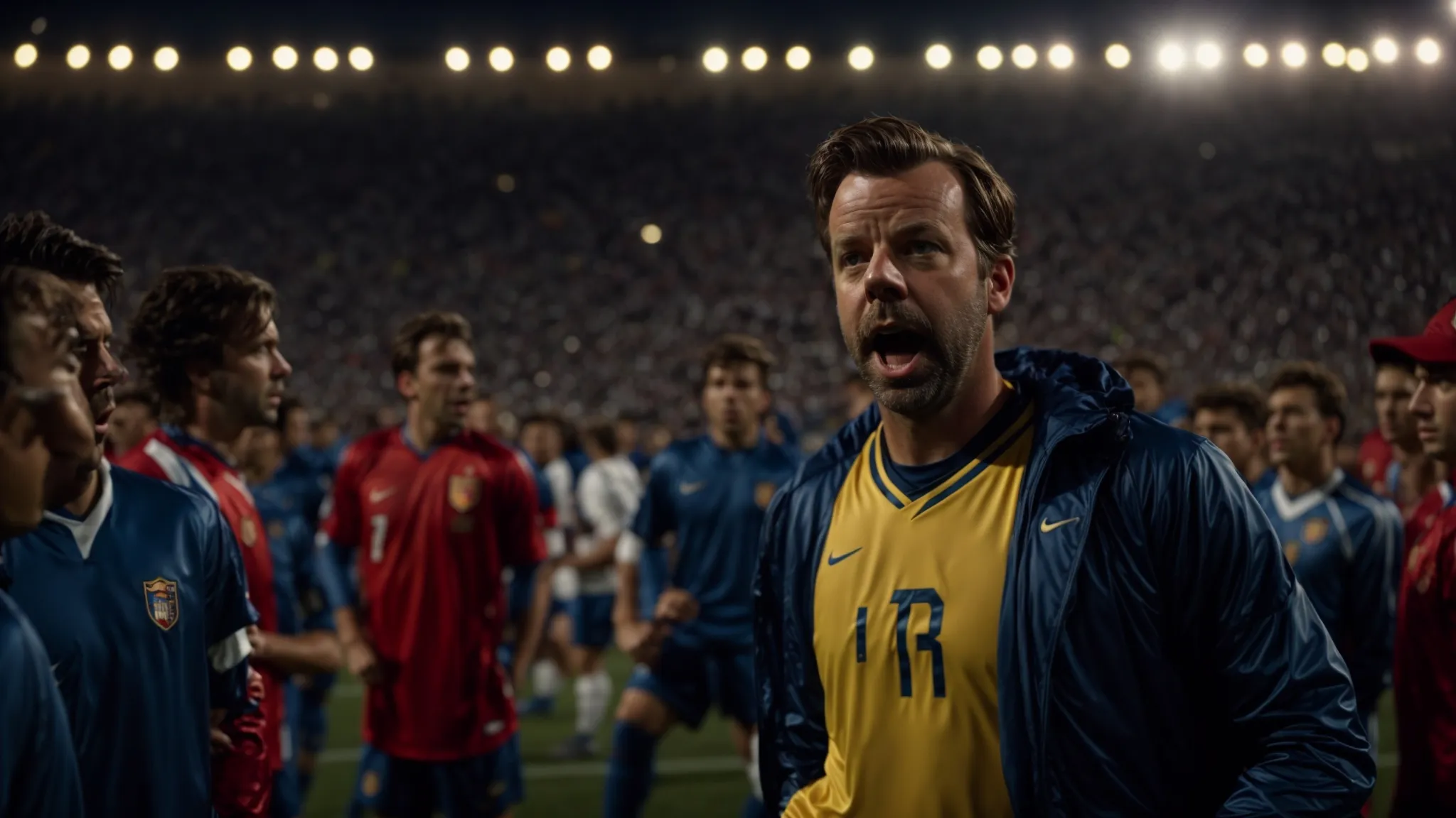 jason sudeikis, as ted lasso, delivers an enthusiastic pep talk to his soccer team on the field under bright stadium lights.