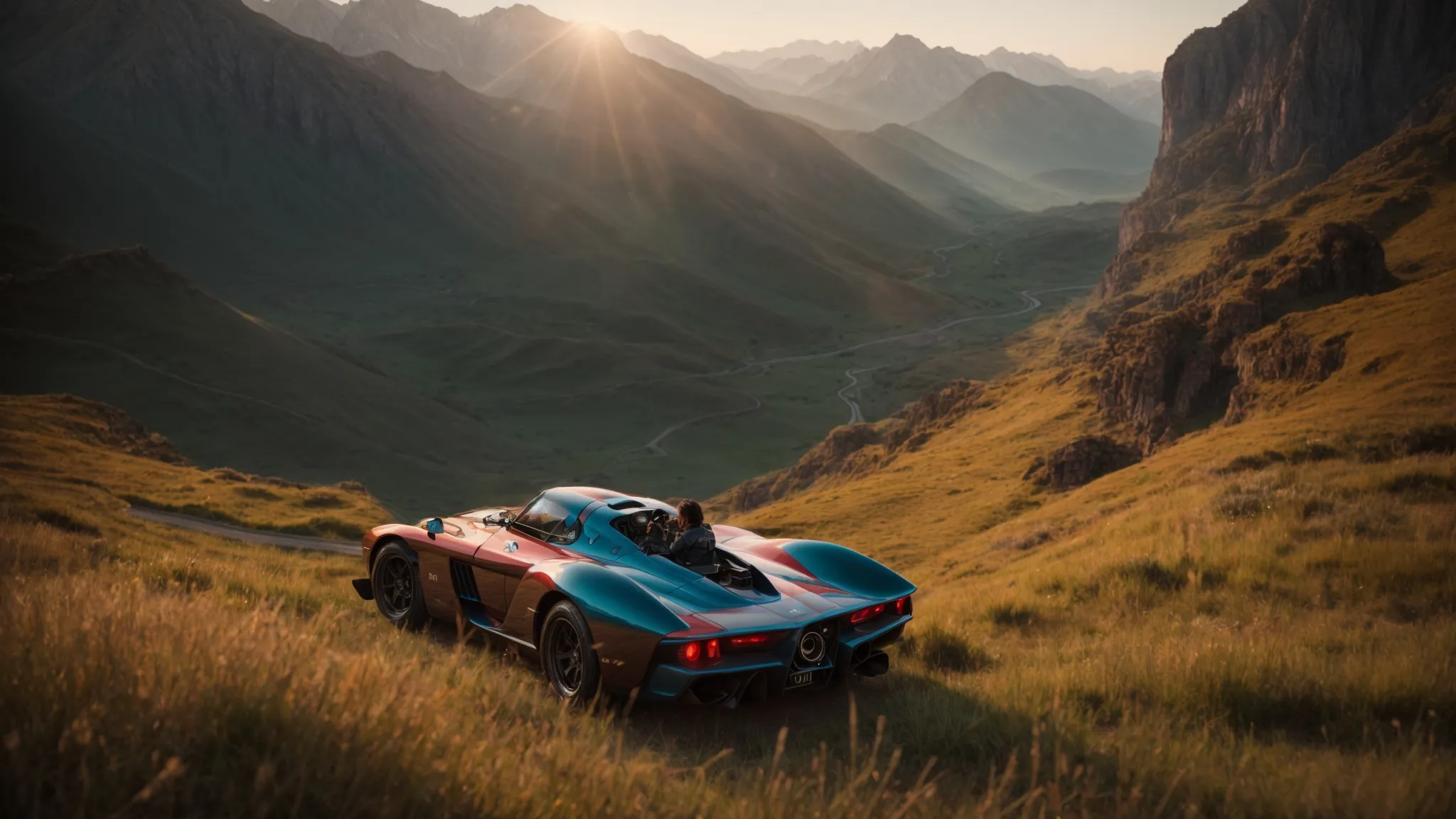 a vast, open landscape with a dragon looming over a determined warrior in a lush valley, a creepy, dimly lit abandoned house, sonic racing through an intensely colorful loop, and a cockpit view over a stunningly detailed mountain range during sunrise.