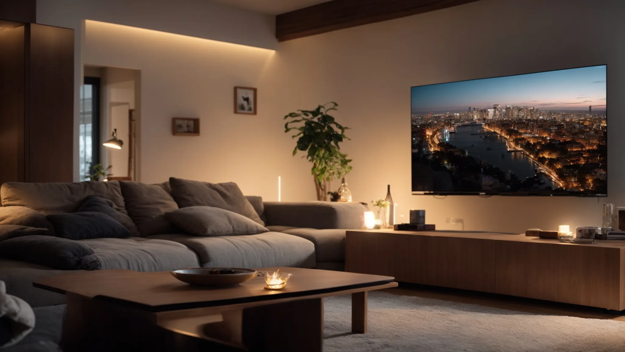 a cozy living room illuminated by the glow of a high-definition smart tv displaying a captivating movie scene, with various streaming devices visible on the coffee table.