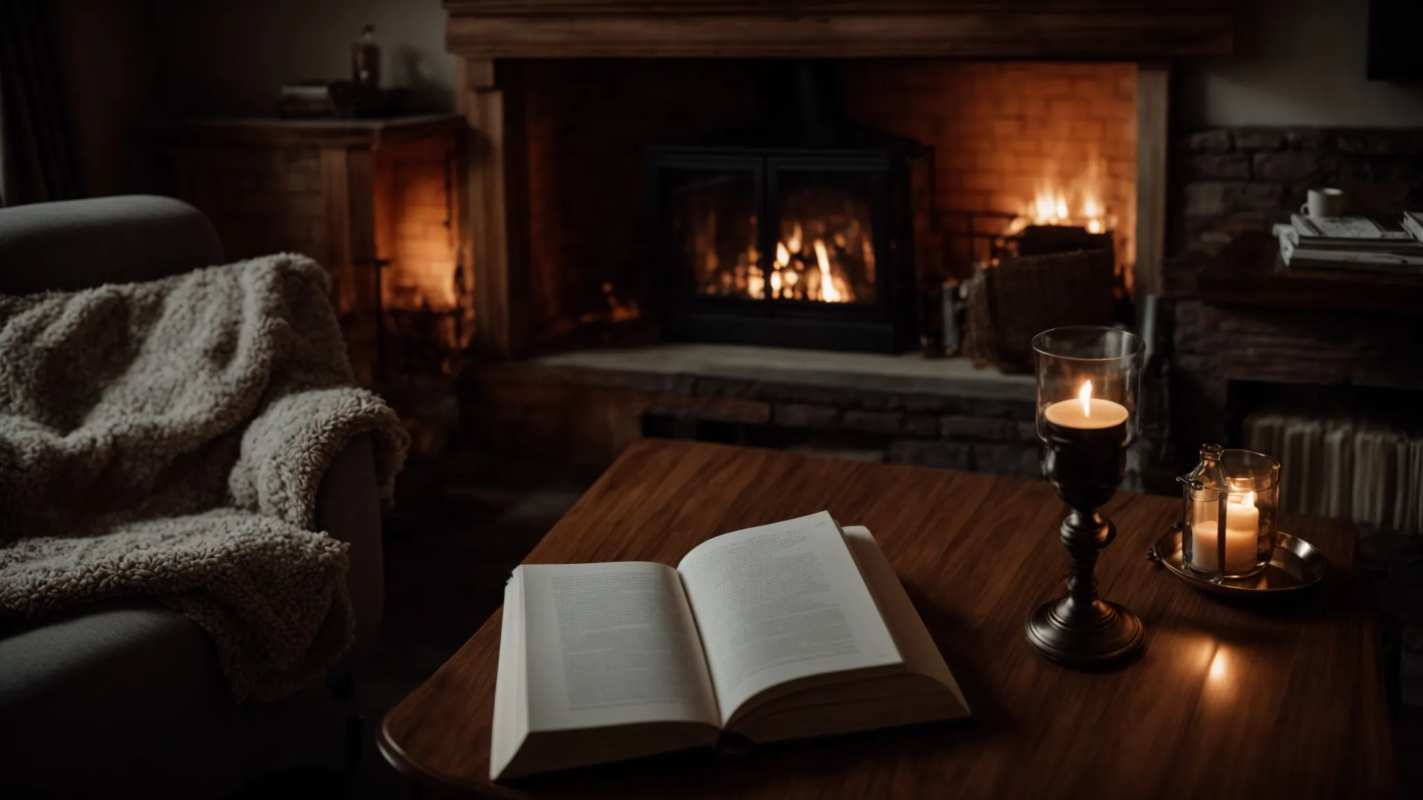 a cozy armchair by a warm fireplace, with an open puzzle book on a side table.